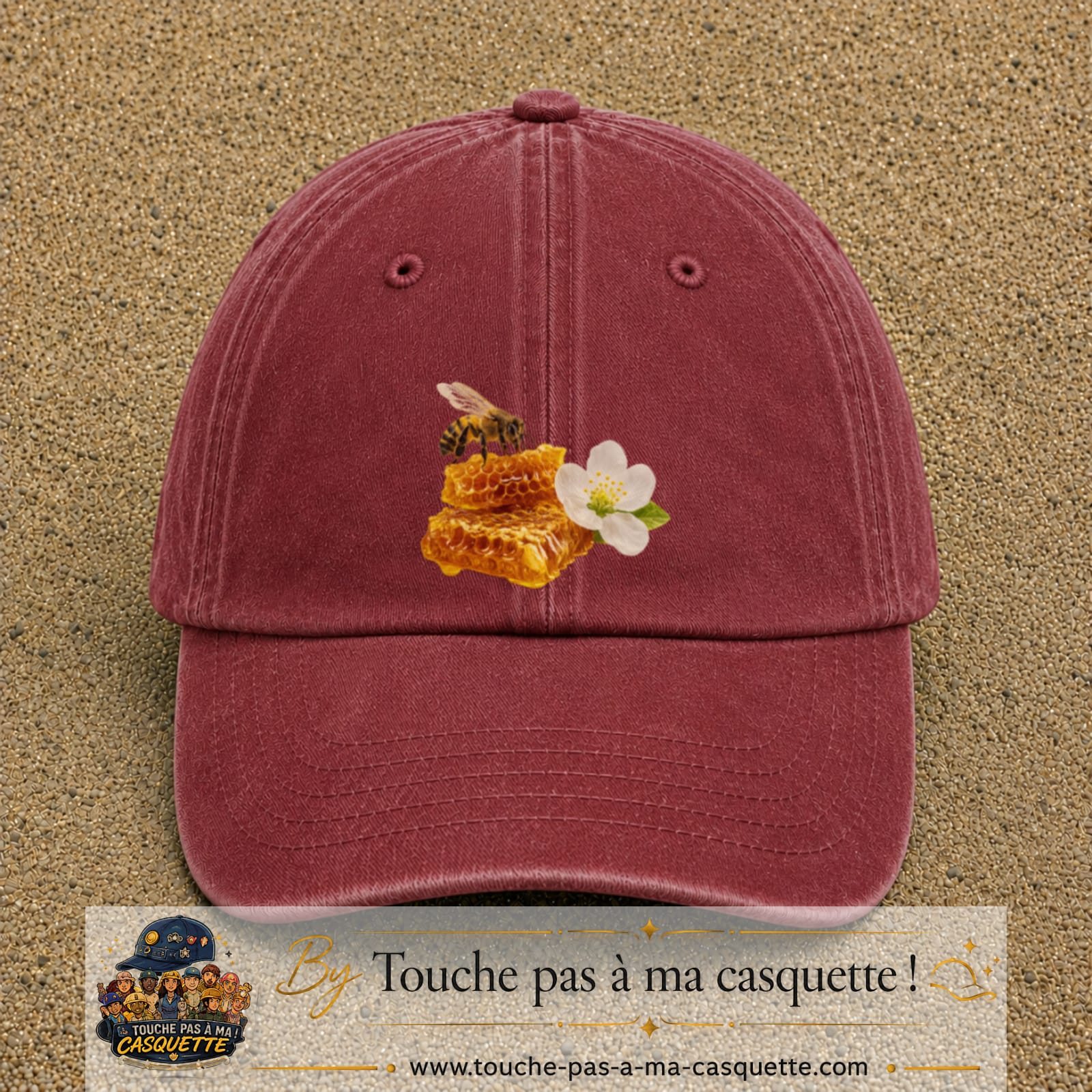 Image principale casquette Rouge délavé - Bordeaux délavé avec motif Abeille et miel 7 cm