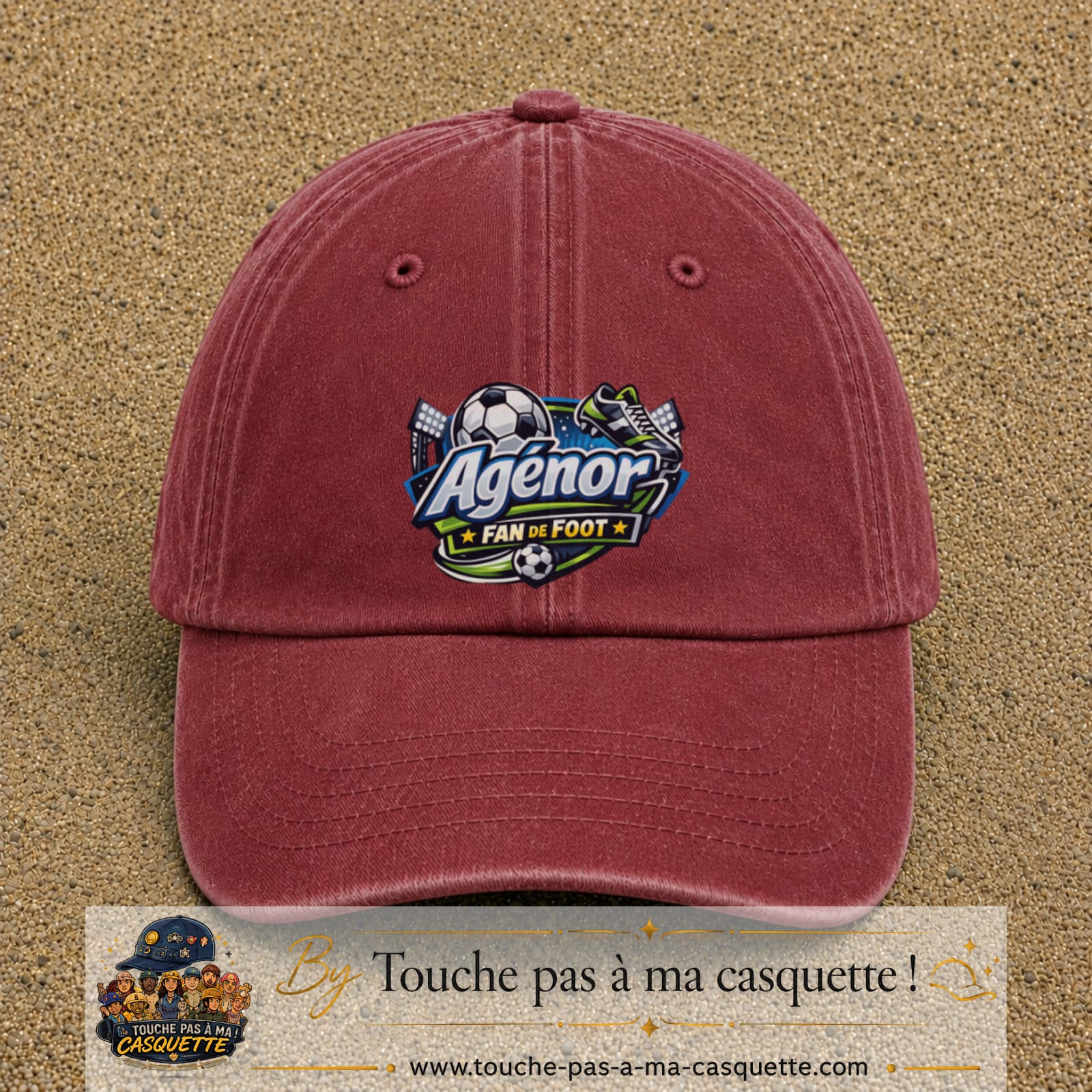 Casquette Rouge délavé - Bordeaux délavé avec motif Agénor fan de foot en 7 cm – vue principale