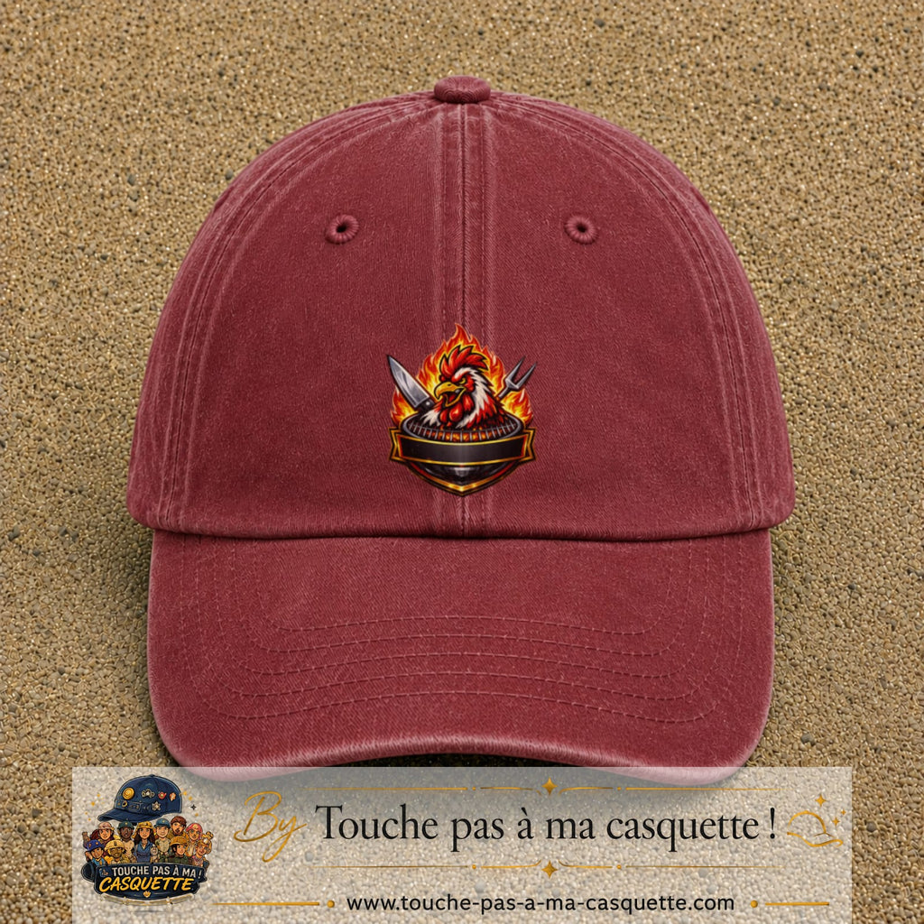 Casquette Rouge délavé - Bordeaux délavé motif Coq barbecue logo 7 cm