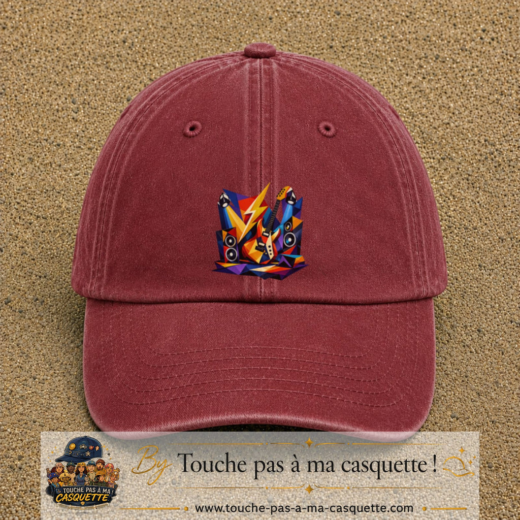 Casquette Rouge délavé - Bordeaux délavé motif Guitare rock logo 7 cm
