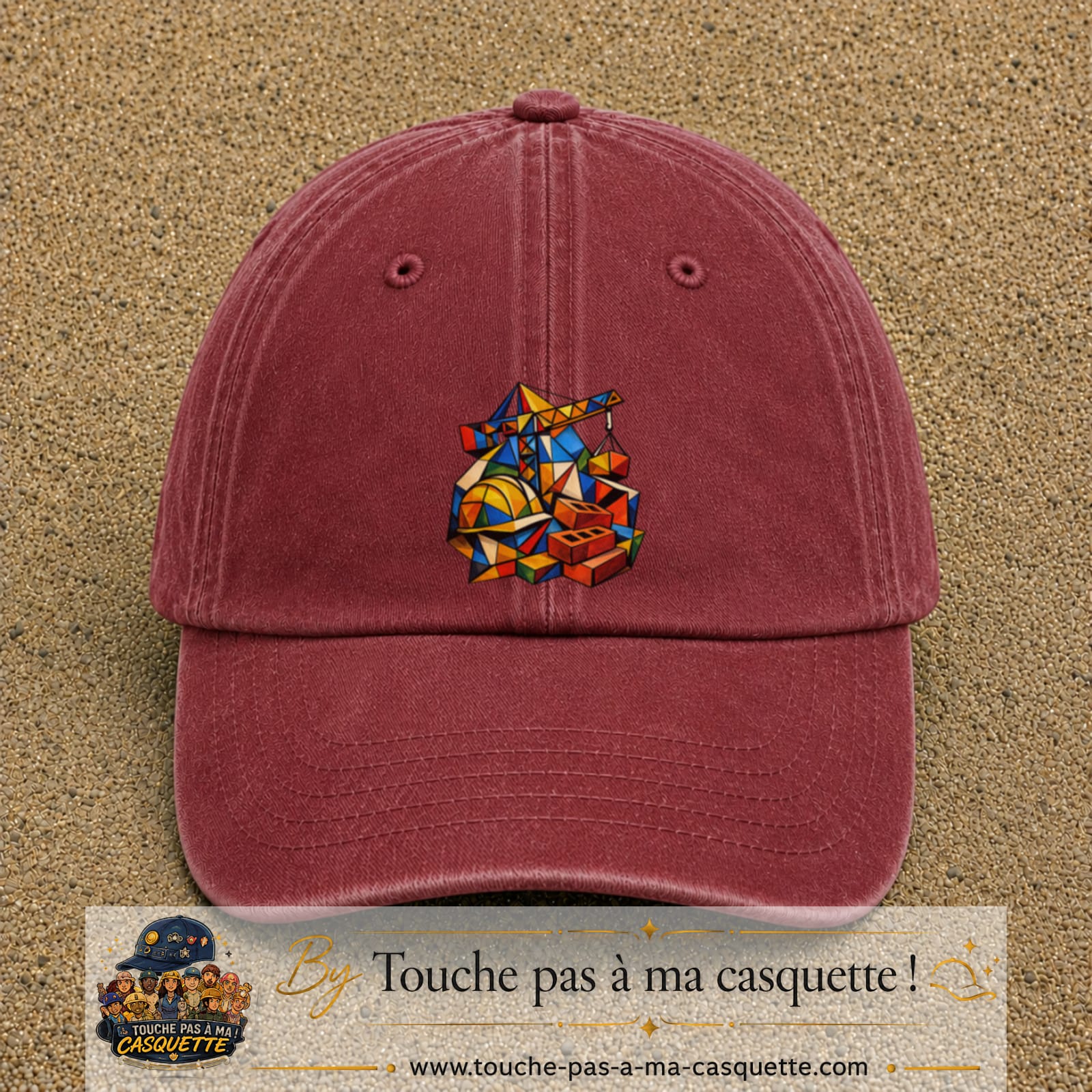 Casquette Rouge délavé - Bordeaux délavé motif Chantier géométrique logo 7 cm