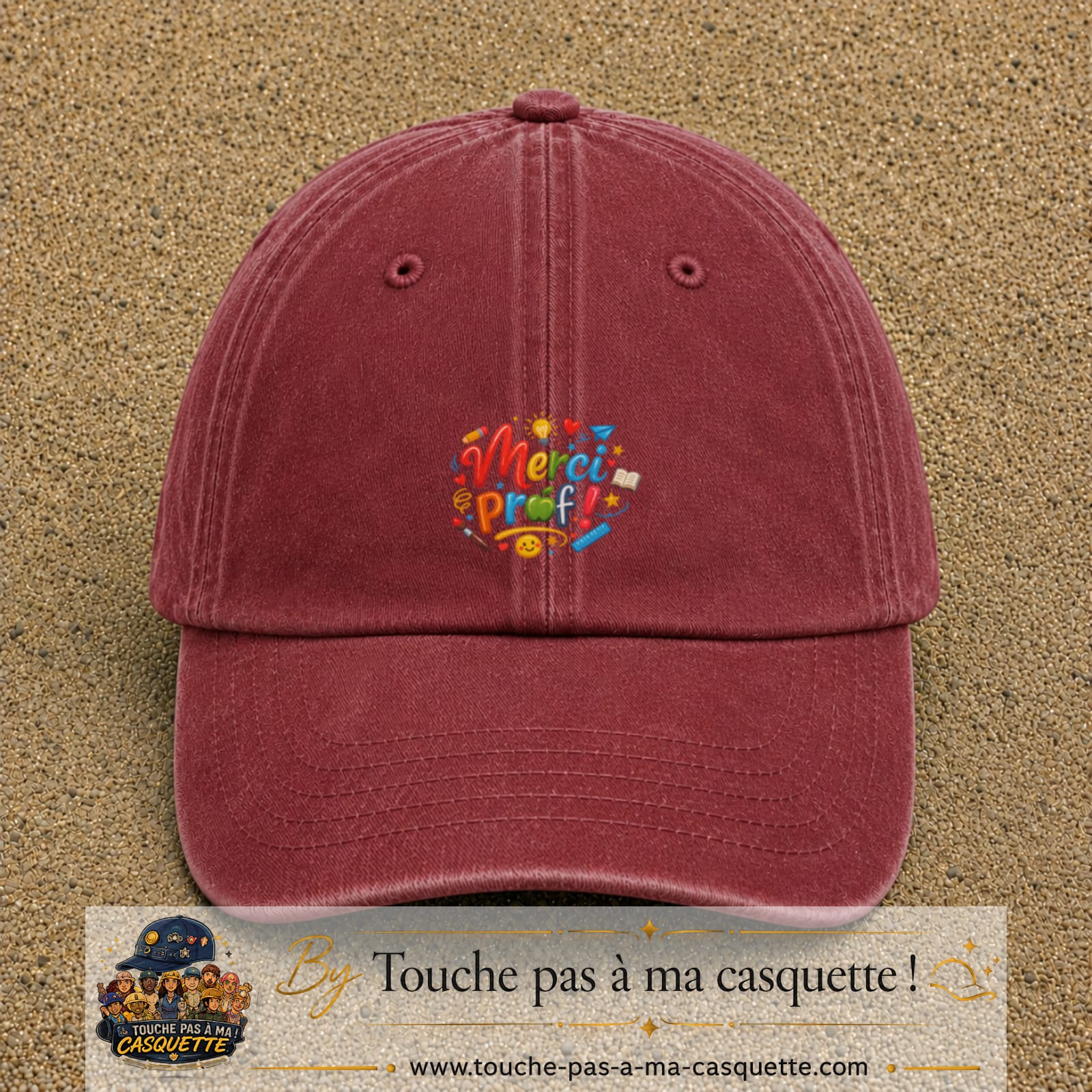 Casquette Rouge délavé - Bordeaux délavé avec motif Merci Prof coloré en 5 cm – vue principale