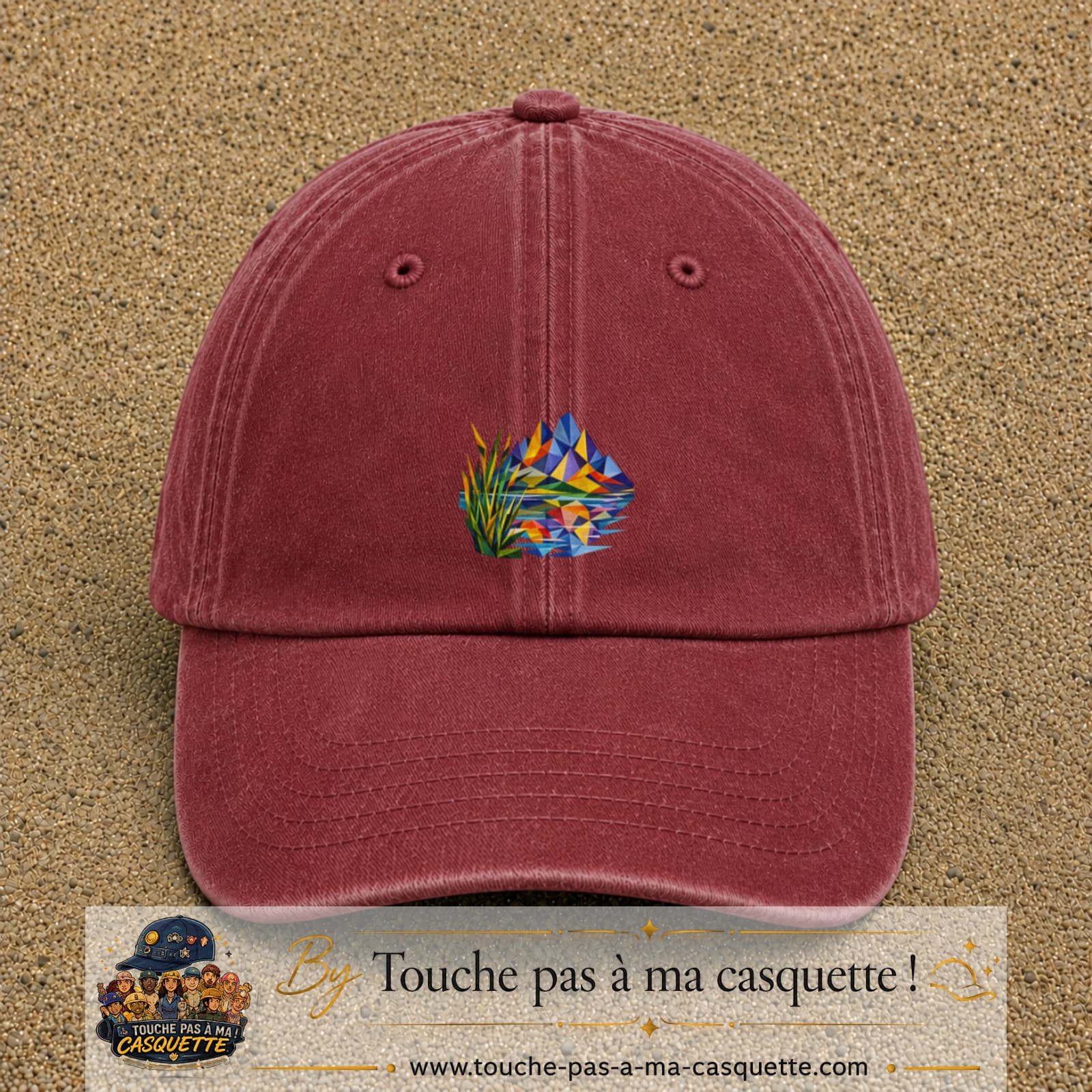 Image principale casquette Rouge délavé - Bordeaux délavé avec motif Lac de montagne 5 cm