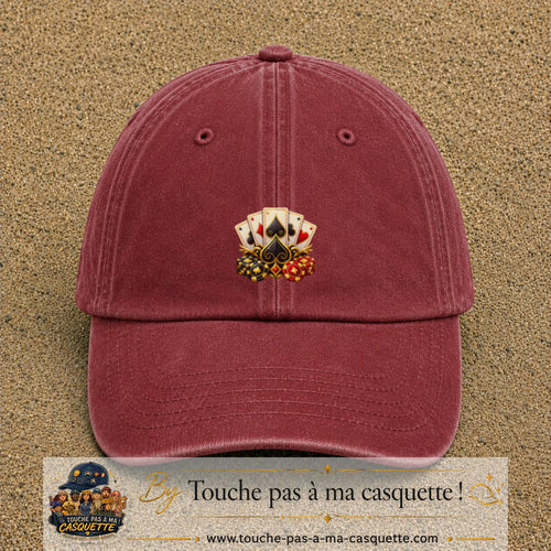 Casquette Rouge délavé - Bordeaux délavé motif Poker cartes et jetons logo 5 cm