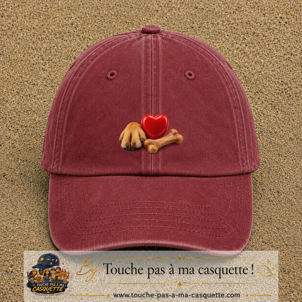 Casquette Rouge délavé - Bordeaux délavé motif Patte de chien et cœur logo 5 cm
