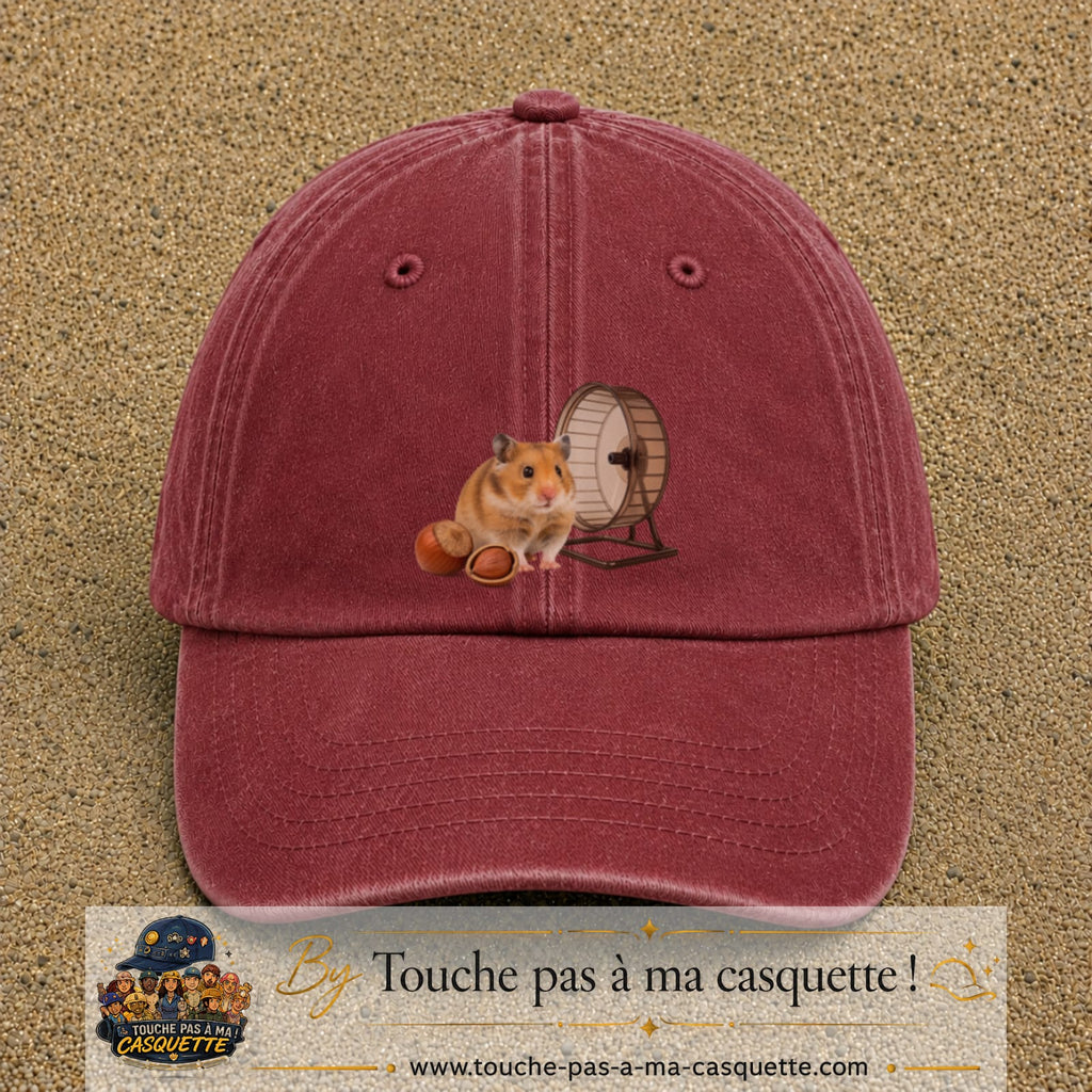 Casquette Rouge délavé - Bordeaux délavé motif Hamster avec roue logo 7 cm