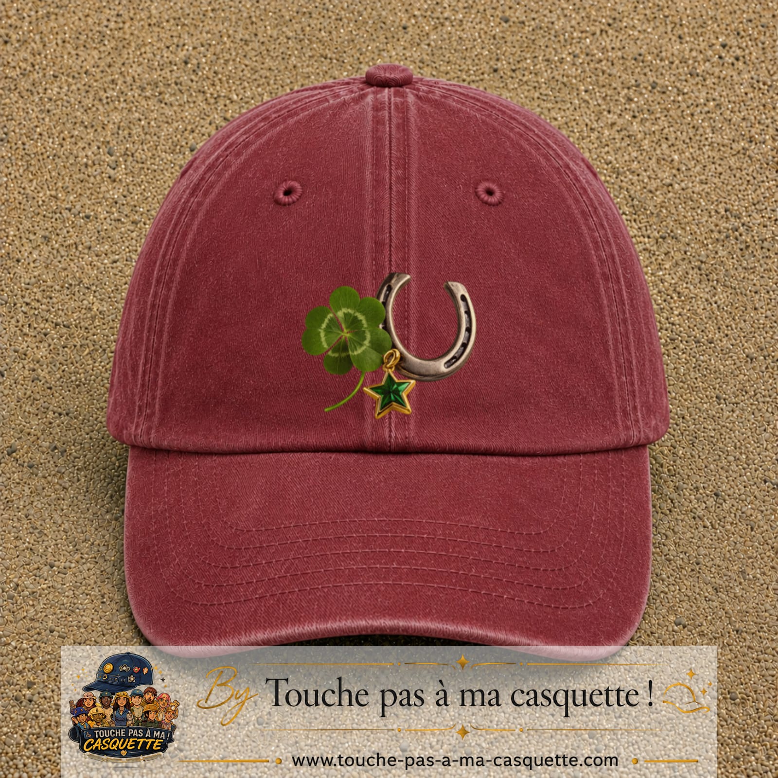 Image principale casquette Rouge délavé - Bordeaux délavé avec motif Trèfle et fer à cheval 7 cm