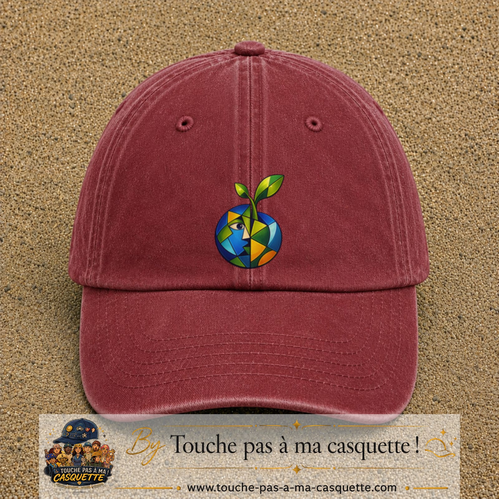 Image principale casquette Rouge délavé - Bordeaux délavé avec motif Planète nature 7 cm