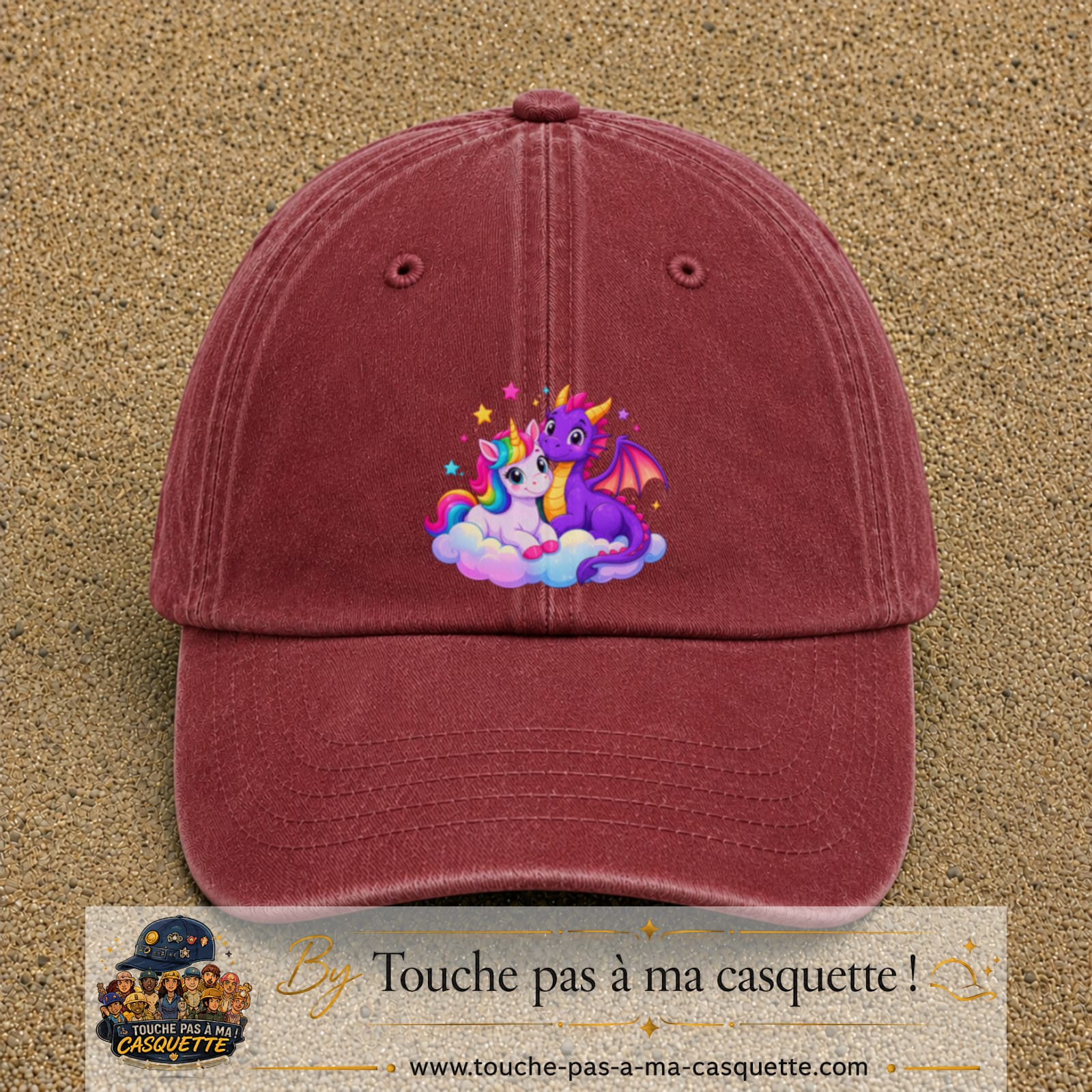 Casquette Rouge délavé - Bordeaux délavé motif Licorne et bébé dragon logo 7 cm