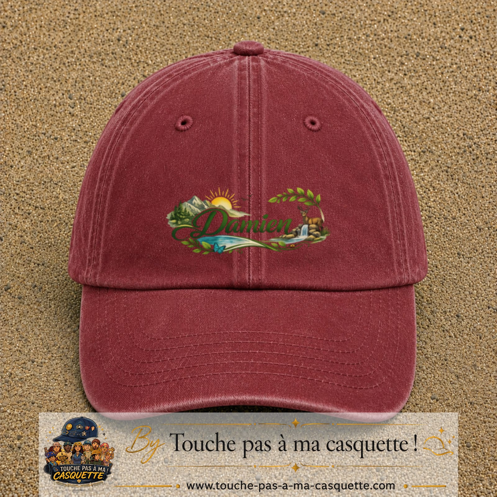 Casquette Rouge délavé - Bordeaux délavé avec motif Prénom Damien nature et cerf en 5 cm – vue principale