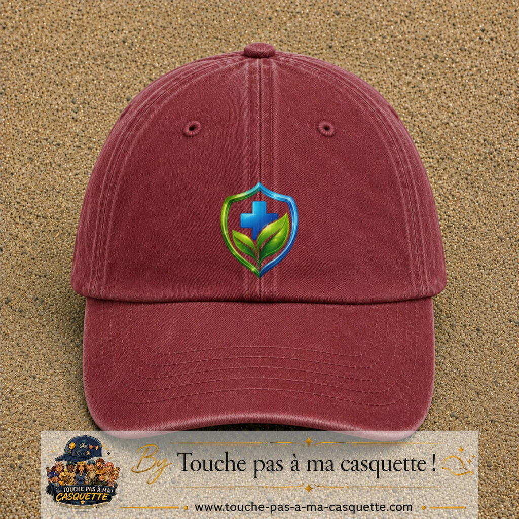 Casquette Rouge délavé - Bordeaux délavé motif Bouclier croix et feuilles logo 7 cm