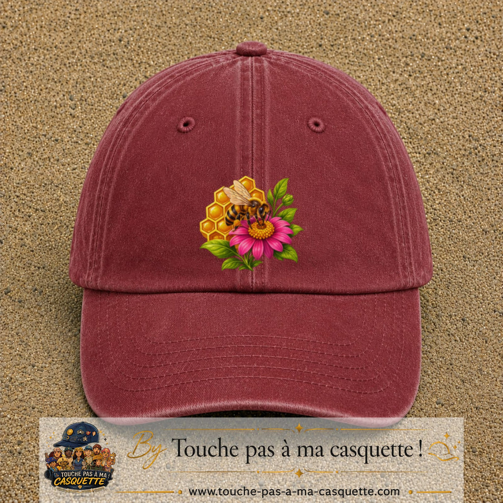 Casquette Rouge délavé - Bordeaux délavé motif Abeille et miel logo 7 cm