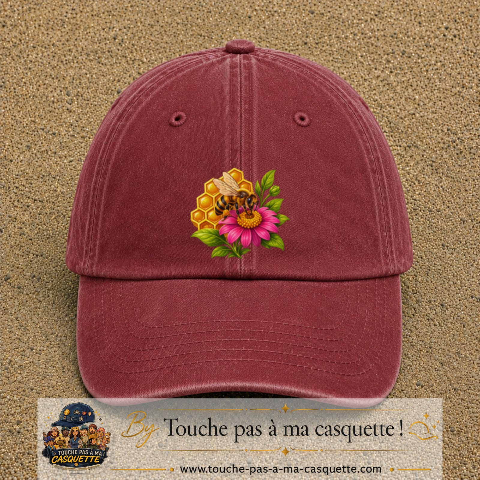 Casquette Rouge délavé - Bordeaux délavé motif Abeille et miel logo 7 cm
