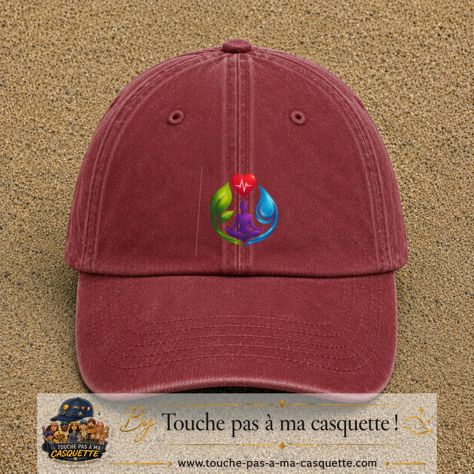 Casquette Rouge délavé - Bordeaux délavé motif Yoga santé logo 7 cm