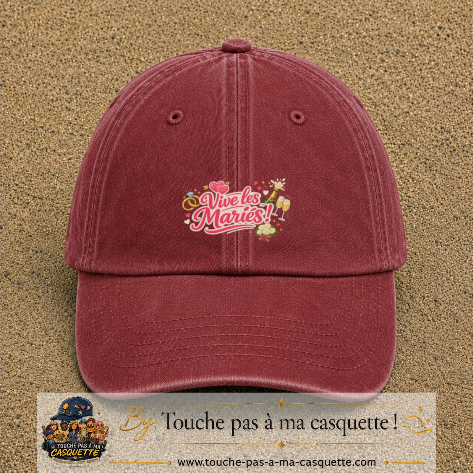 Casquette Rouge délavé - Bordeaux délavé avec motif Vive les Mariés en 5 cm – vue principale