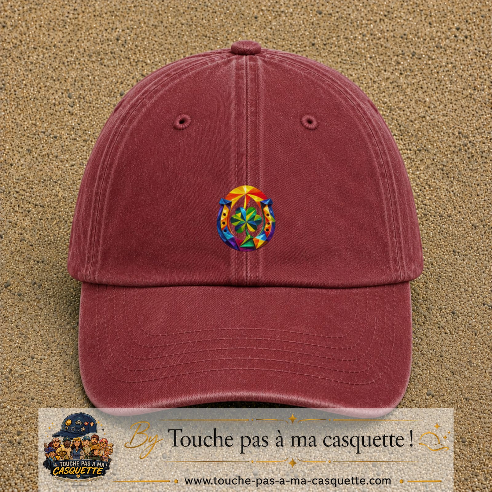 Image principale casquette Rouge délavé - Bordeaux délavé avec motif Fer à cheval chanceux 5 cm