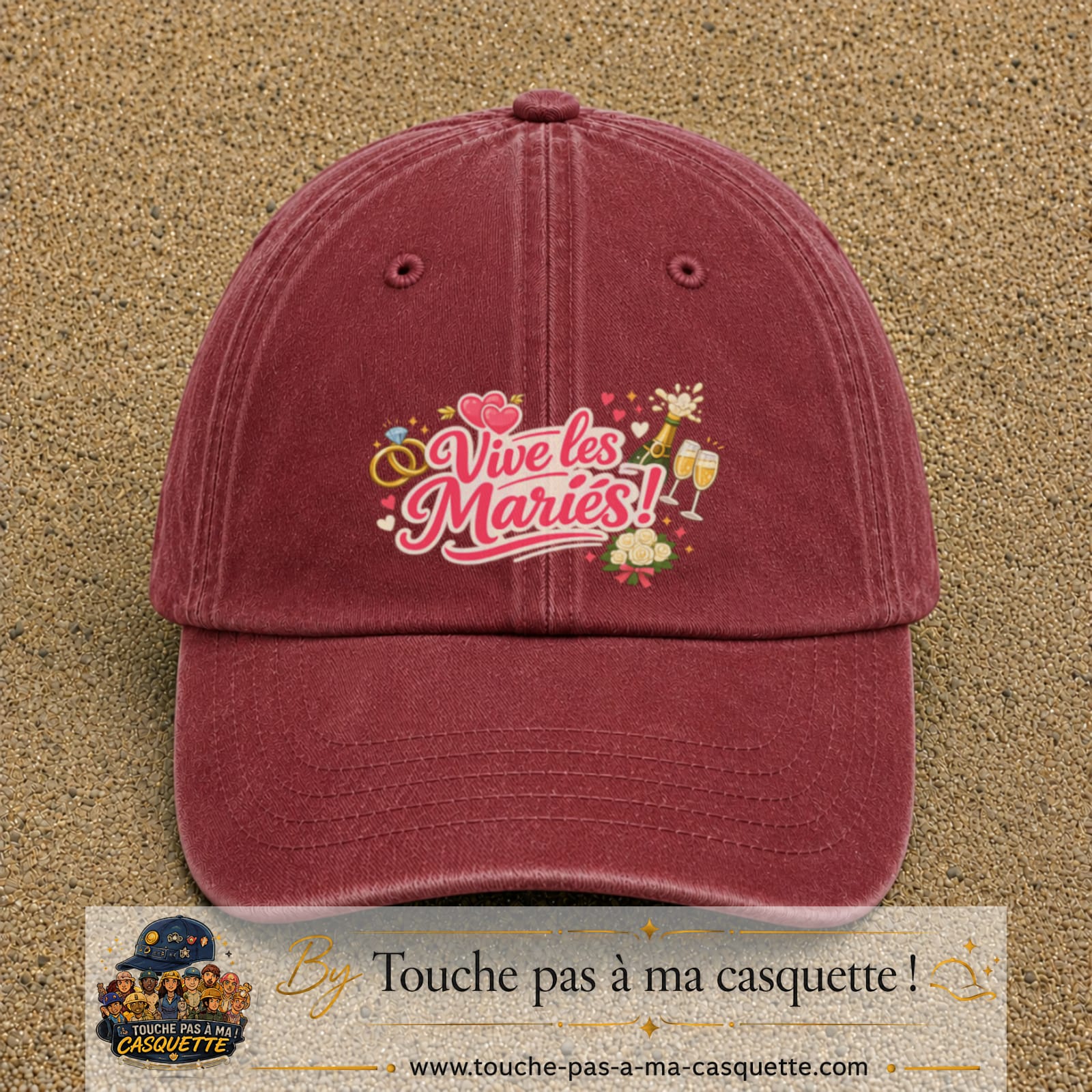 Casquette Rouge délavé - Bordeaux délavé avec motif Vive les Mariés en 7 cm – vue principale