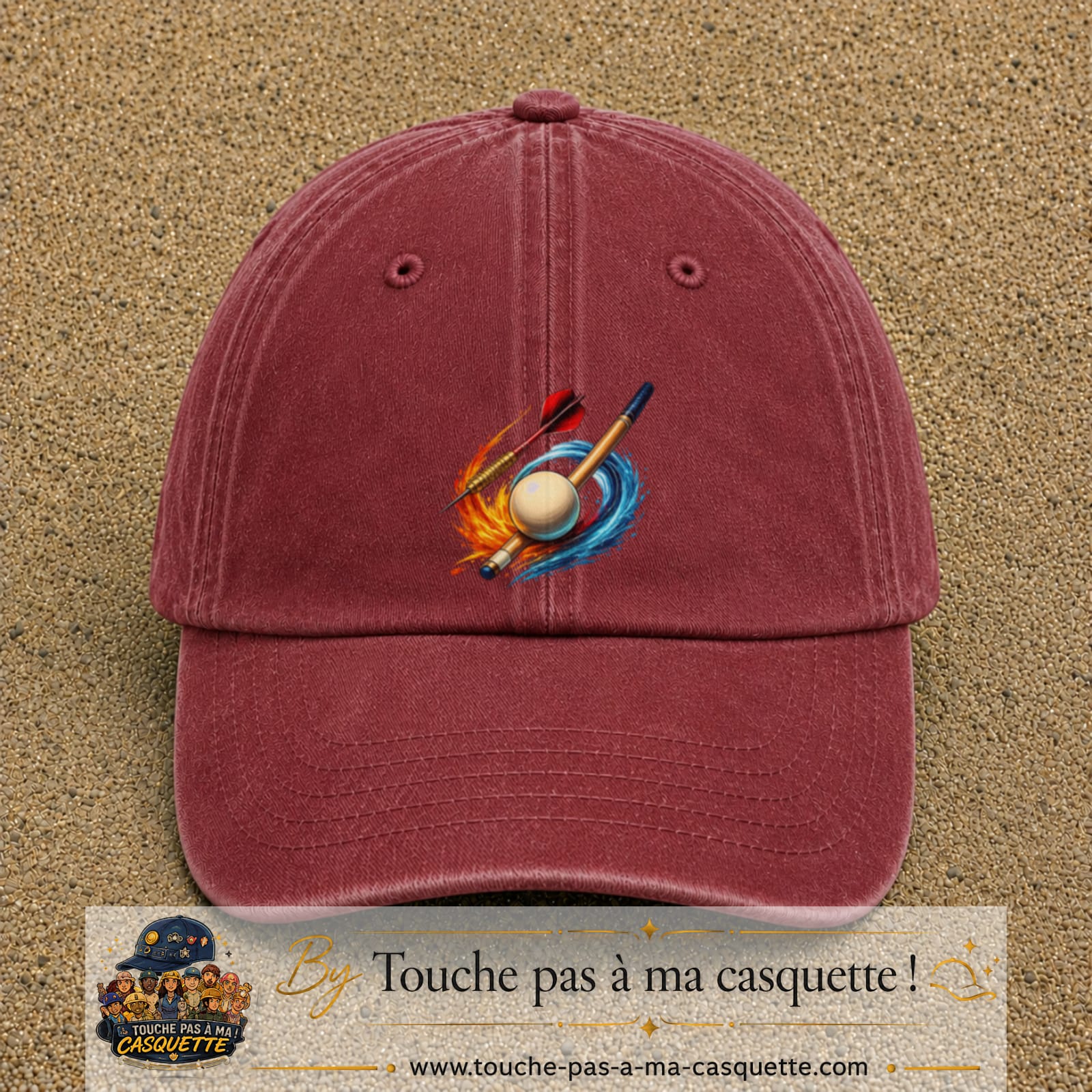 Image principale casquette Rouge délavé - Bordeaux délavé avec motif Fléchettes et billard 7 cm