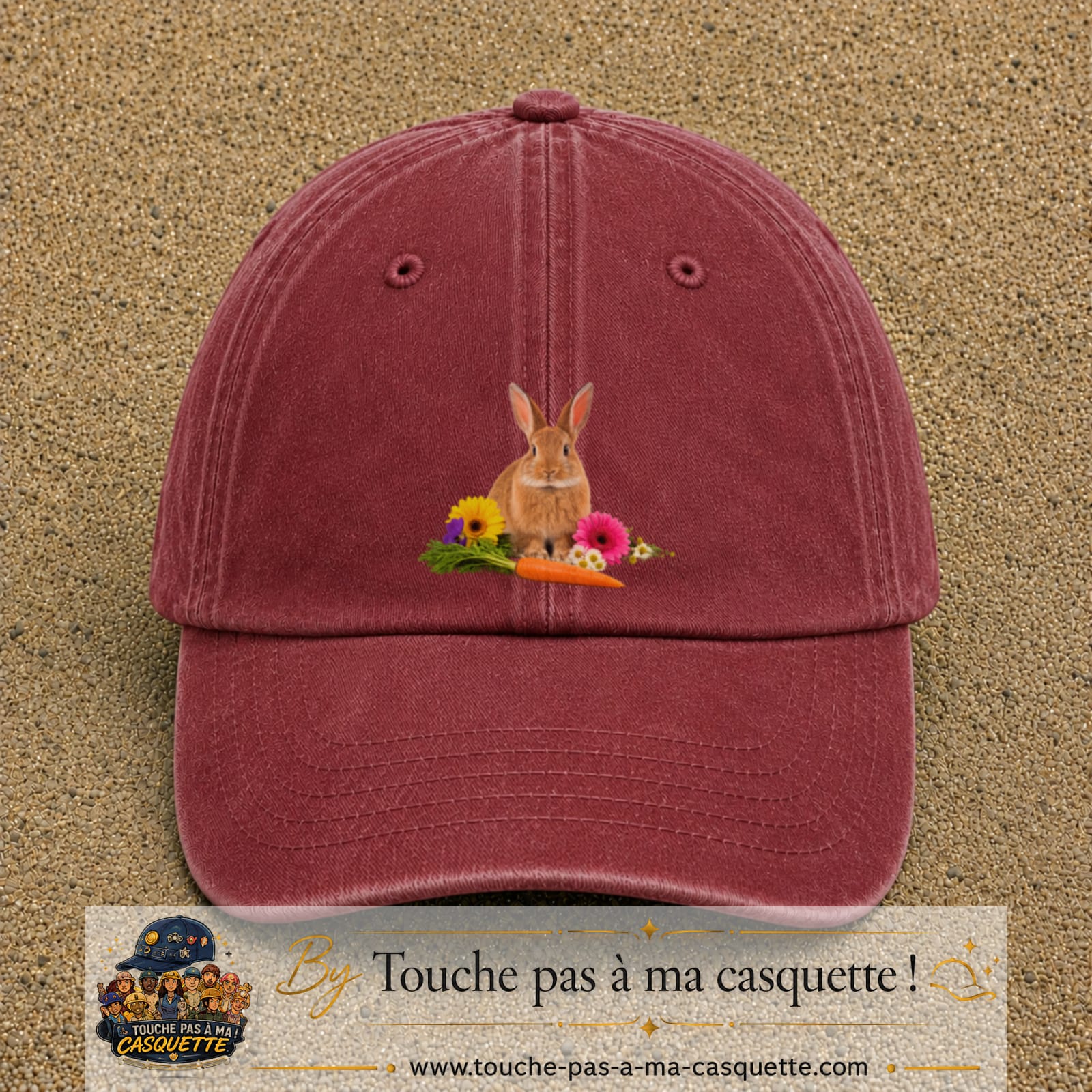 Image principale casquette Rouge délavé - Bordeaux délavé avec motif Lapin fleuri 7 cm