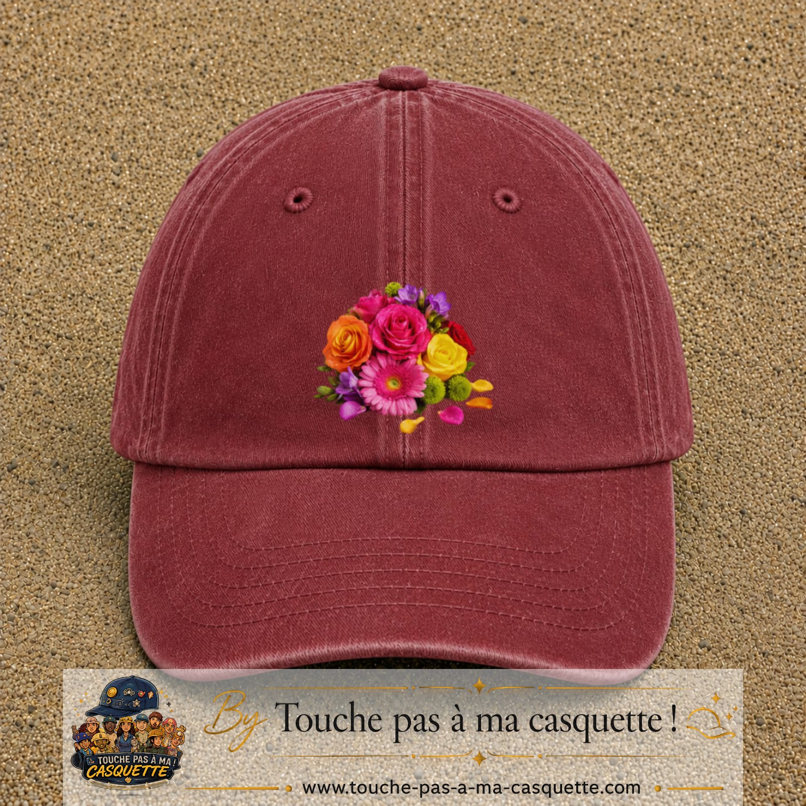 Casquette Rouge délavé - Bordeaux délavé motif Bouquet de fleurs logo 7 cm