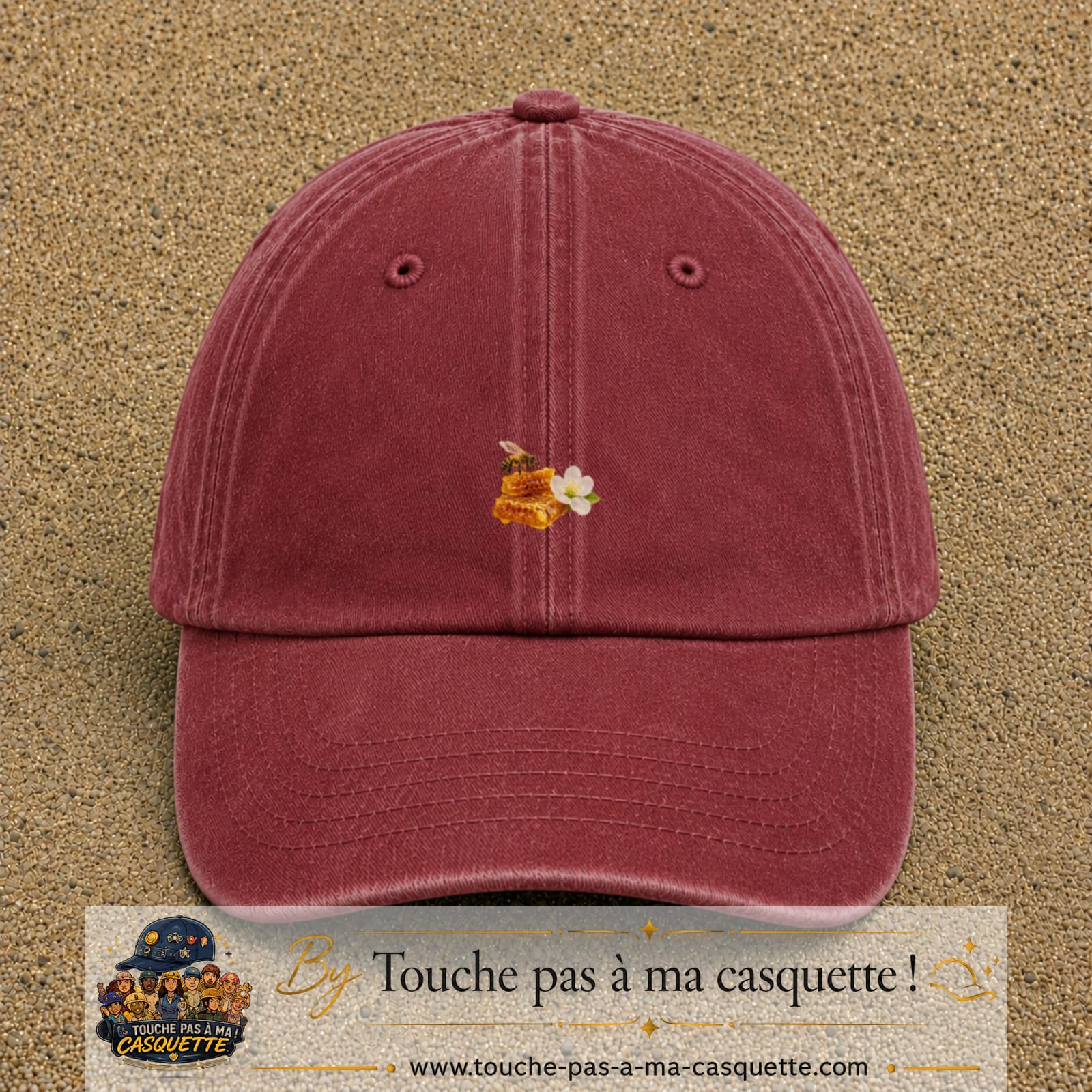 Image principale casquette Rouge délavé - Bordeaux délavé avec motif Abeille et miel 3 cm