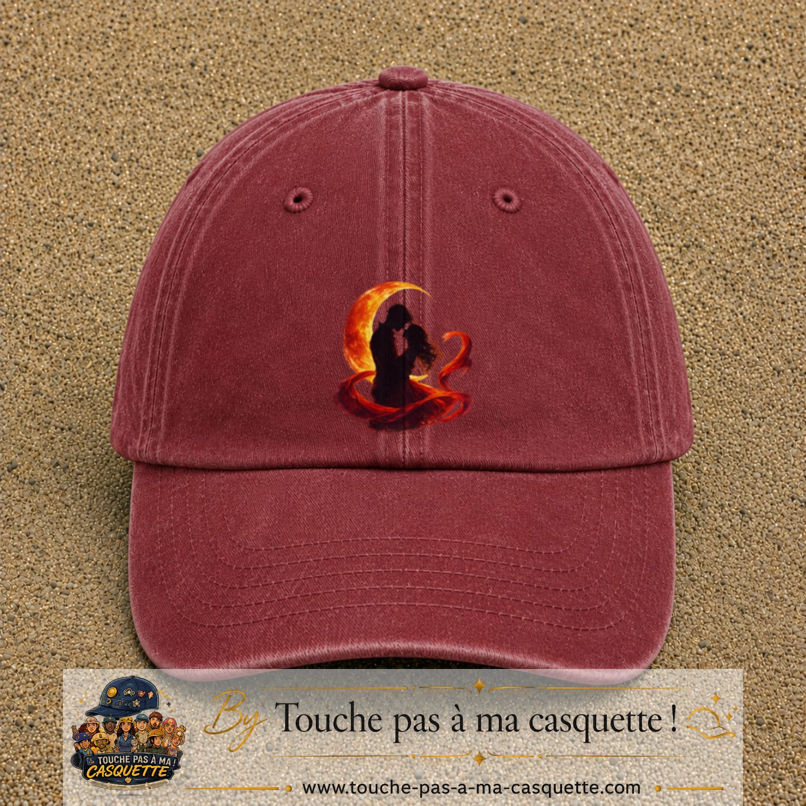Casquette Rouge délavé - Bordeaux délavé motif Couple sous la lune logo 7 cm