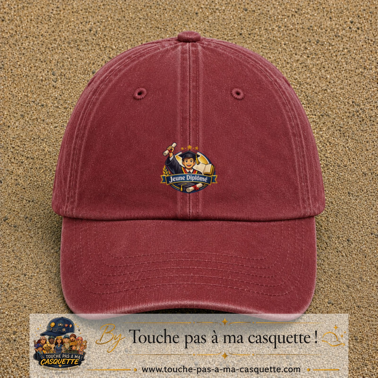 Casquette Rouge délavé - Bordeaux délavé avec motif Jeune Diplômé en 5 cm – vue principale