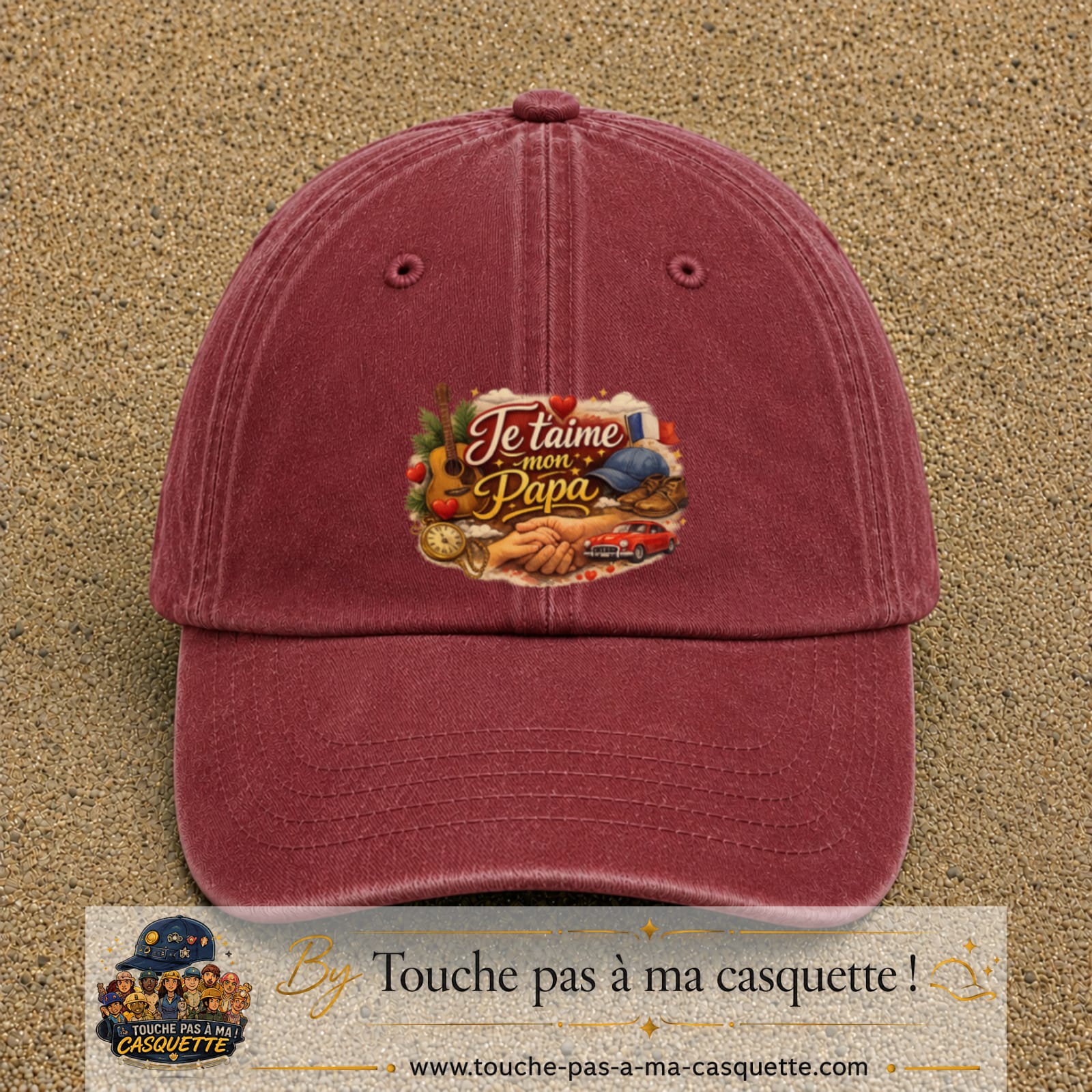 Casquette Rouge délavé - Bordeaux délavé avec motif Je t’aime mon Papa et ses passions en 7 cm – vue principale