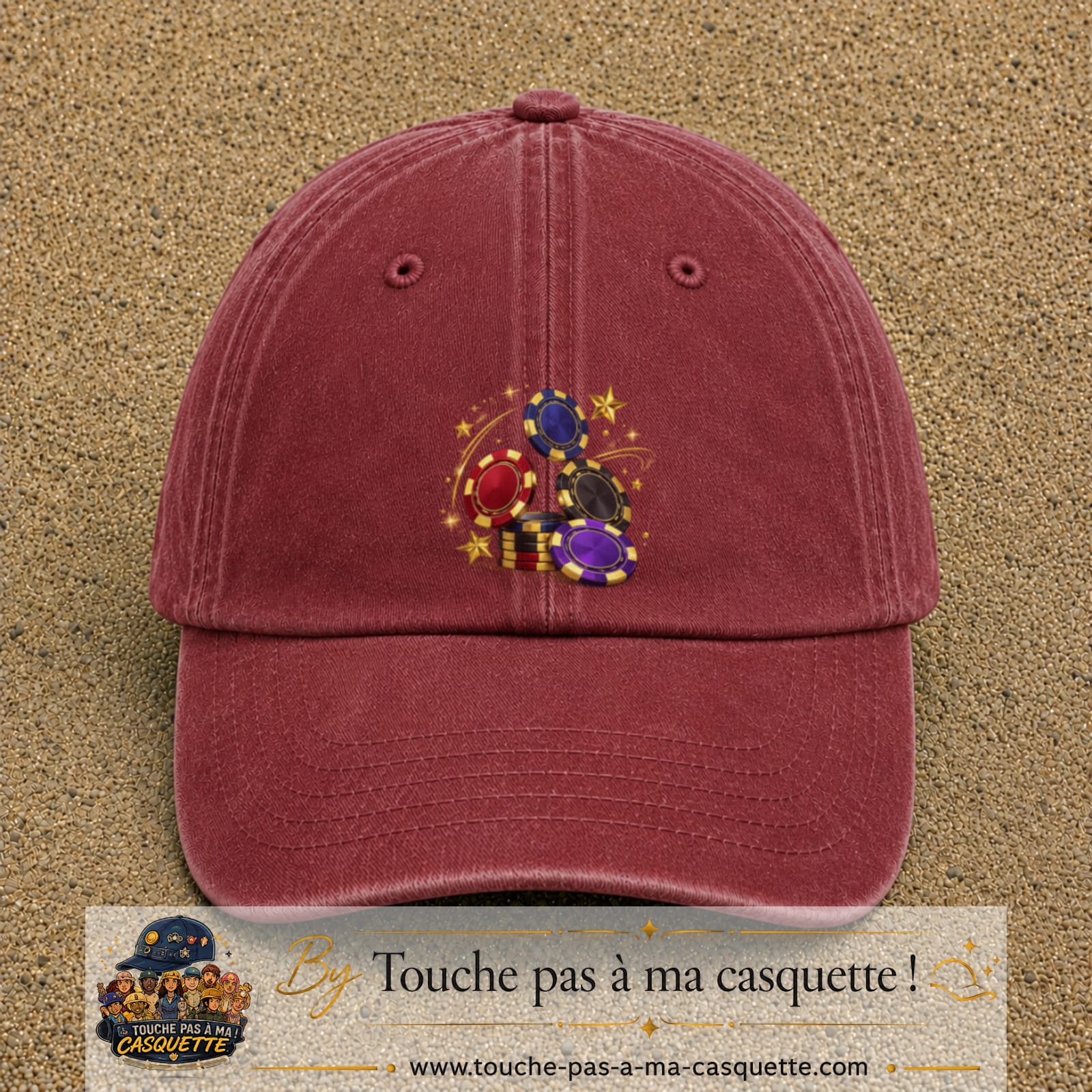 Image principale casquette Rouge délavé - Bordeaux délavé avec motif Jetons de casino 7 cm