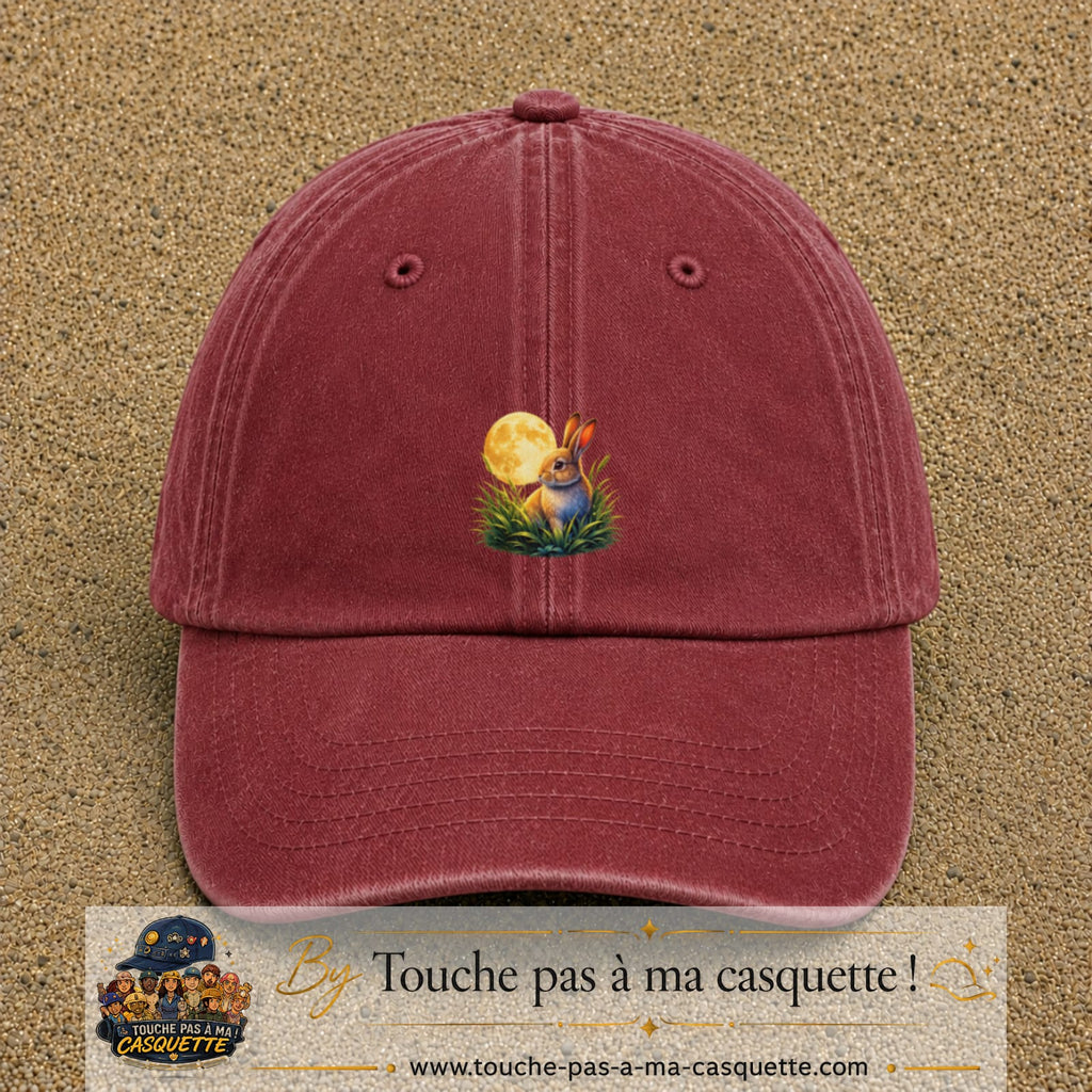 Casquette Rouge délavé - Bordeaux délavé motif Lapin sous la lune logo 5 cm