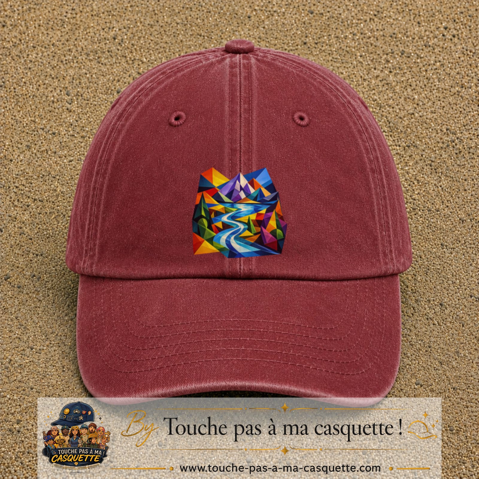 Image principale casquette Rouge délavé - Bordeaux délavé avec motif Rivière de montagne 7 cm