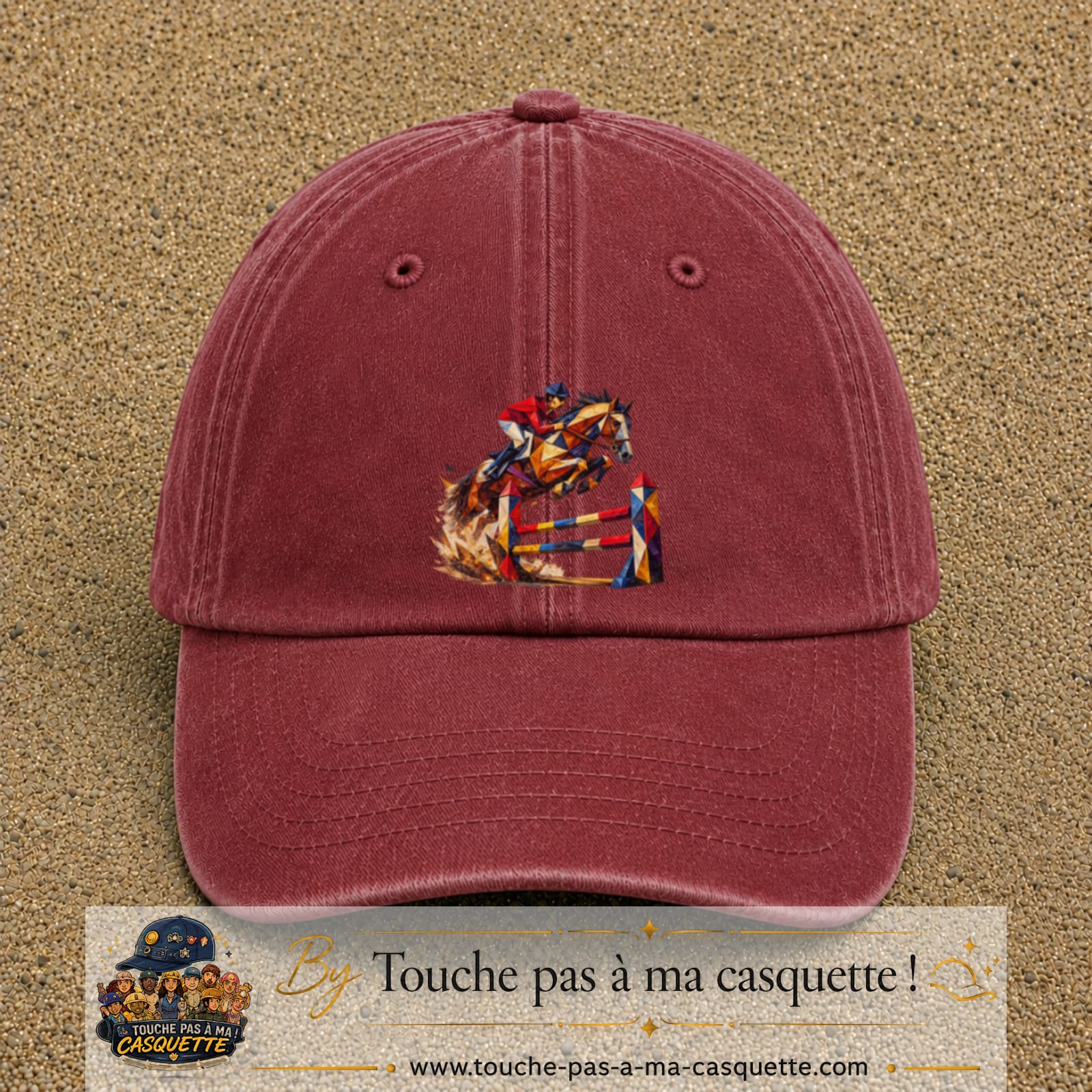 Image principale casquette Rouge délavé - Bordeaux délavé avec motif Saut d’obstacles 7 cm