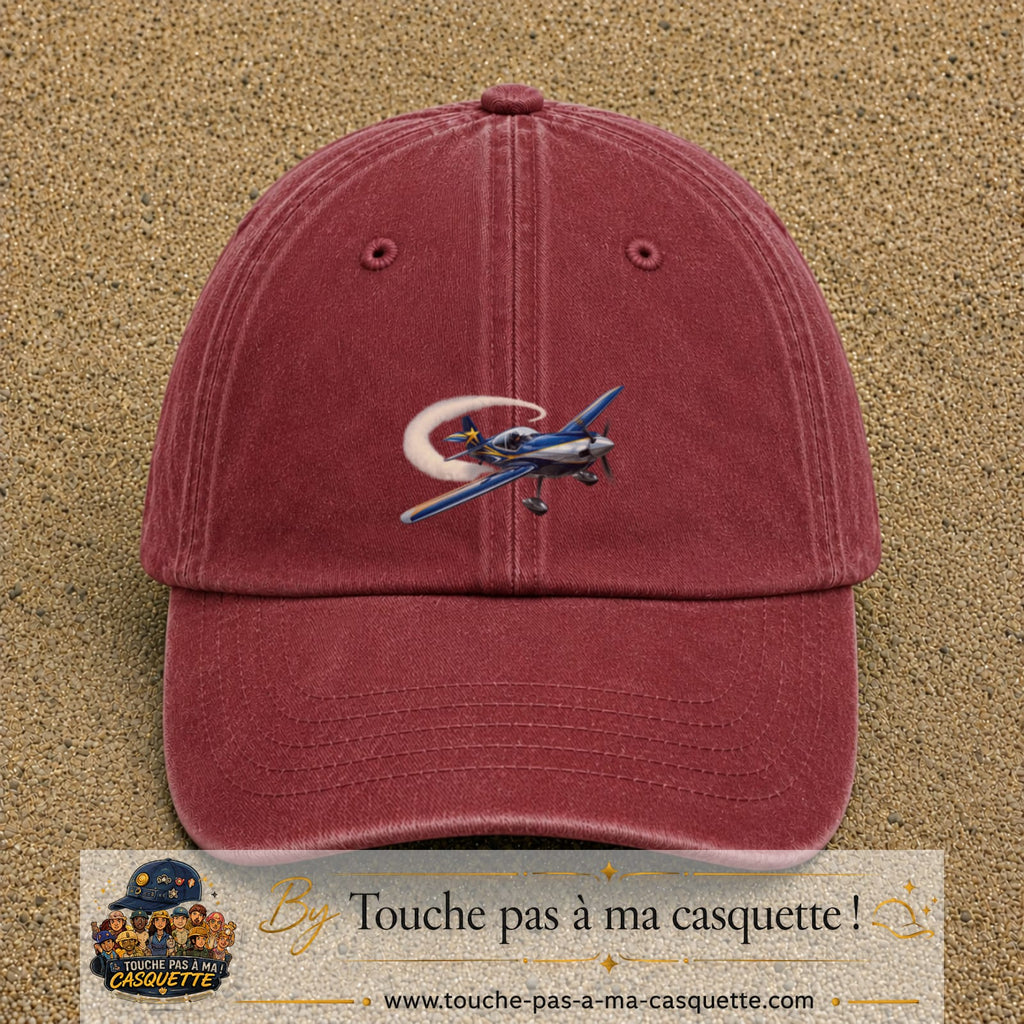 Image principale casquette Rouge délavé - Bordeaux délavé avec motif Avion de voltige 5 cm