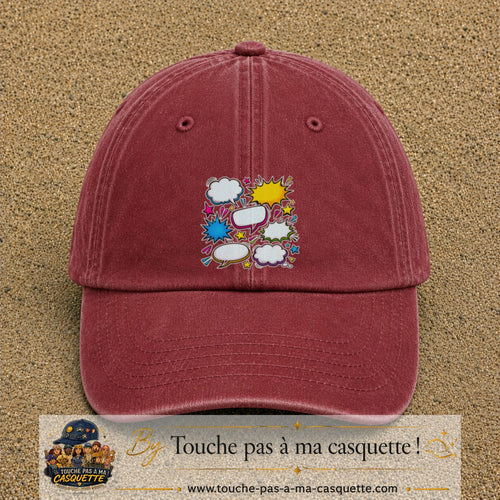 Casquette Rouge délavé - Bordeaux délavé motif Bulles de bande dessinée logo 7 cm
