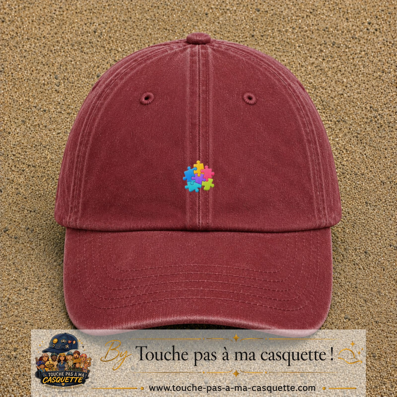 Casquette Rouge délavé - Bordeaux délavé motif Puzzle pop logo 3 cm