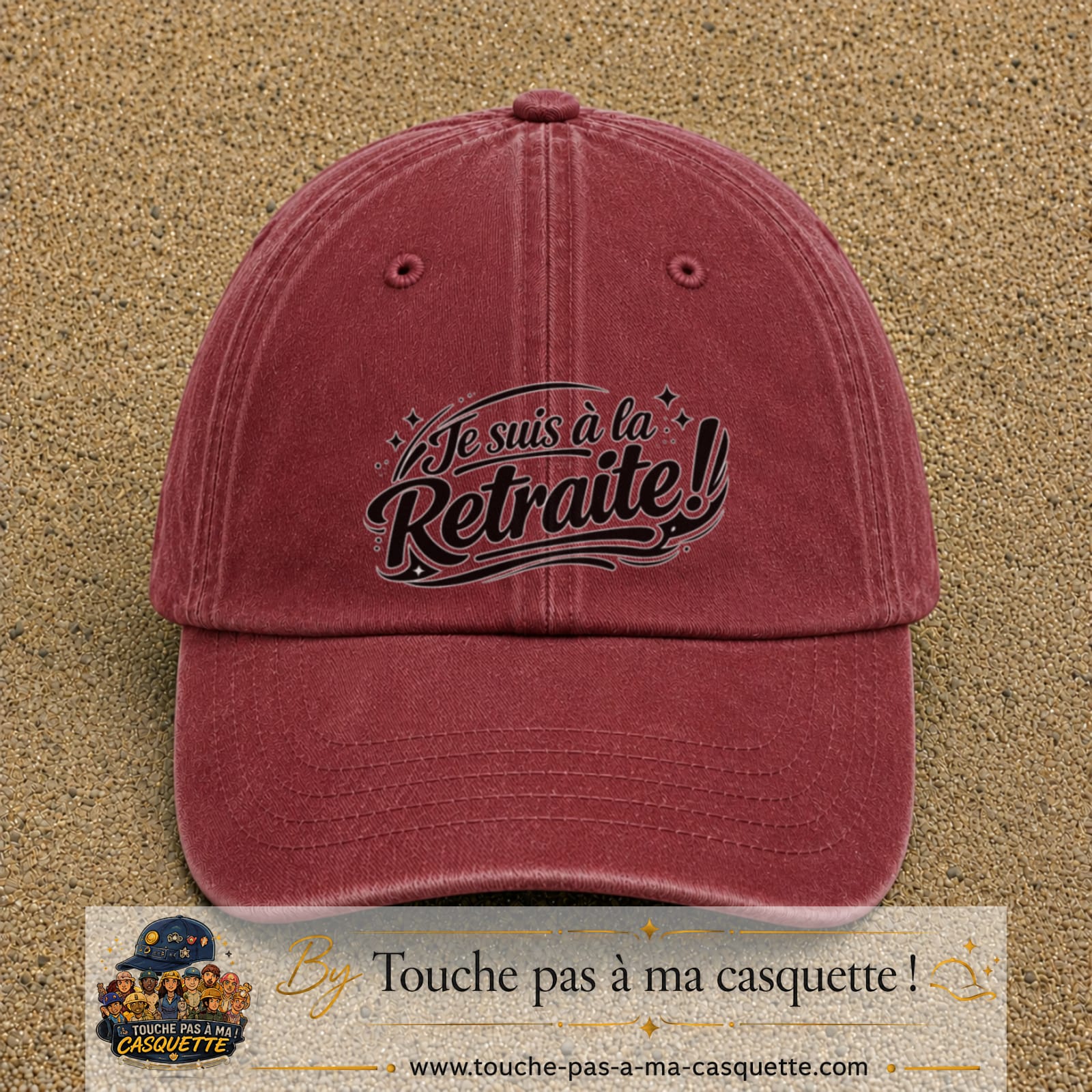 Casquette Rouge délavé - Bordeaux délavé avec motif Je suis à la retraite en 7 cm – vue principale