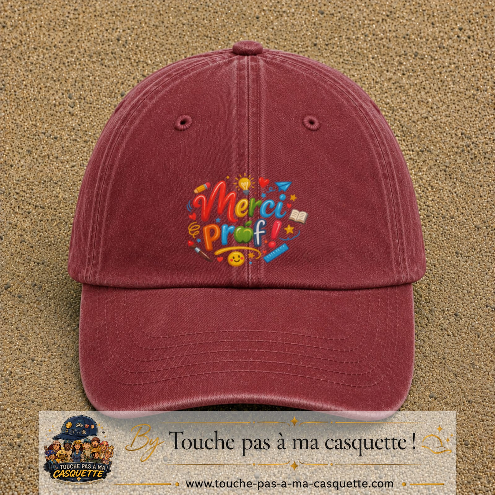 Casquette Rouge délavé - Bordeaux délavé avec motif Merci Prof coloré en 7 cm – vue principale