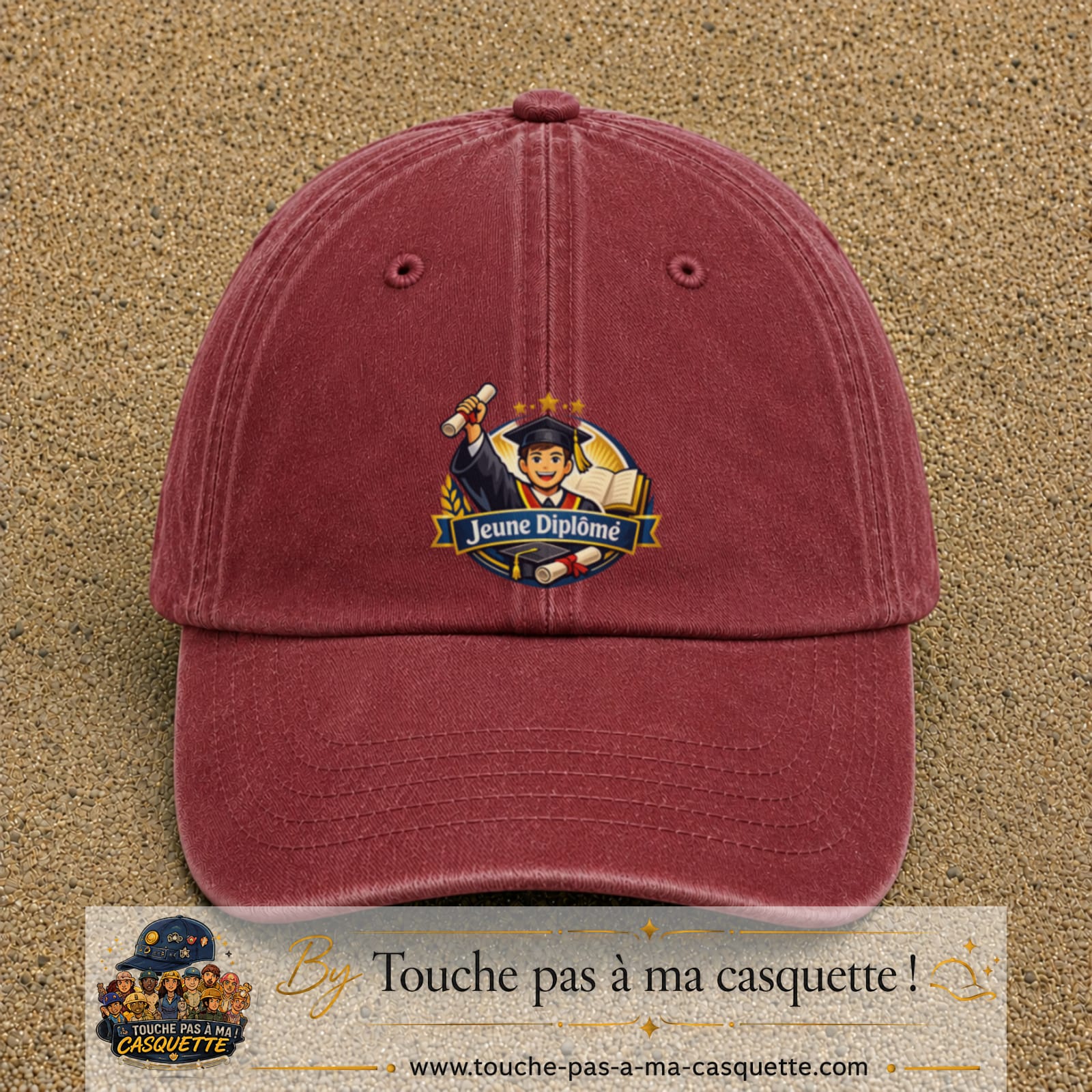 Casquette Rouge délavé - Bordeaux délavé avec motif Jeune Diplômé en 7 cm – vue principale
