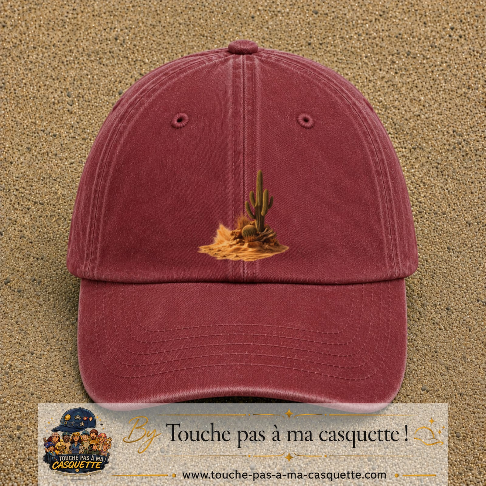Image principale casquette Rouge délavé - Bordeaux délavé avec motif Cactus du désert 7 cm