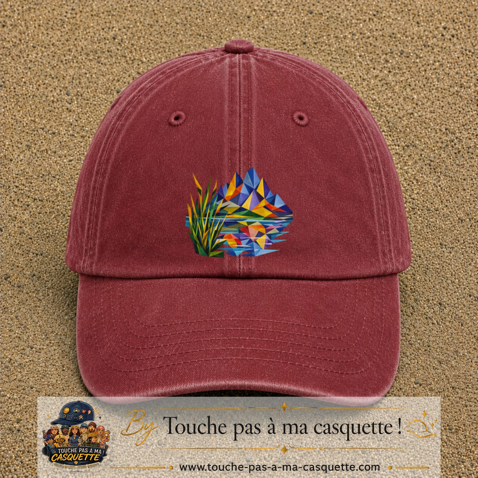 Image principale casquette Rouge délavé - Bordeaux délavé avec motif Lac de montagne 7 cm