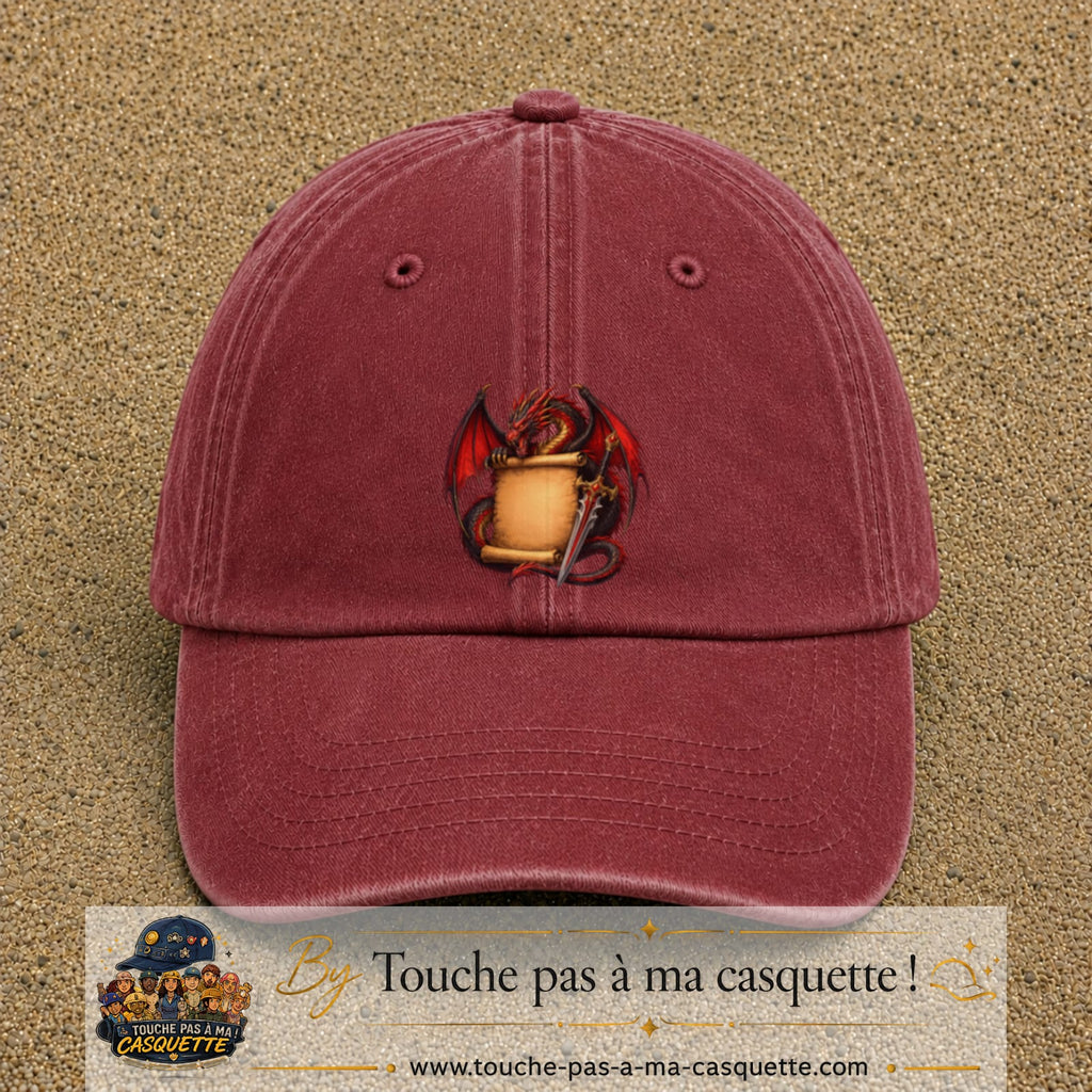 Casquette Rouge délavé - Bordeaux délavé motif Dragon parchemin logo 7 cm
