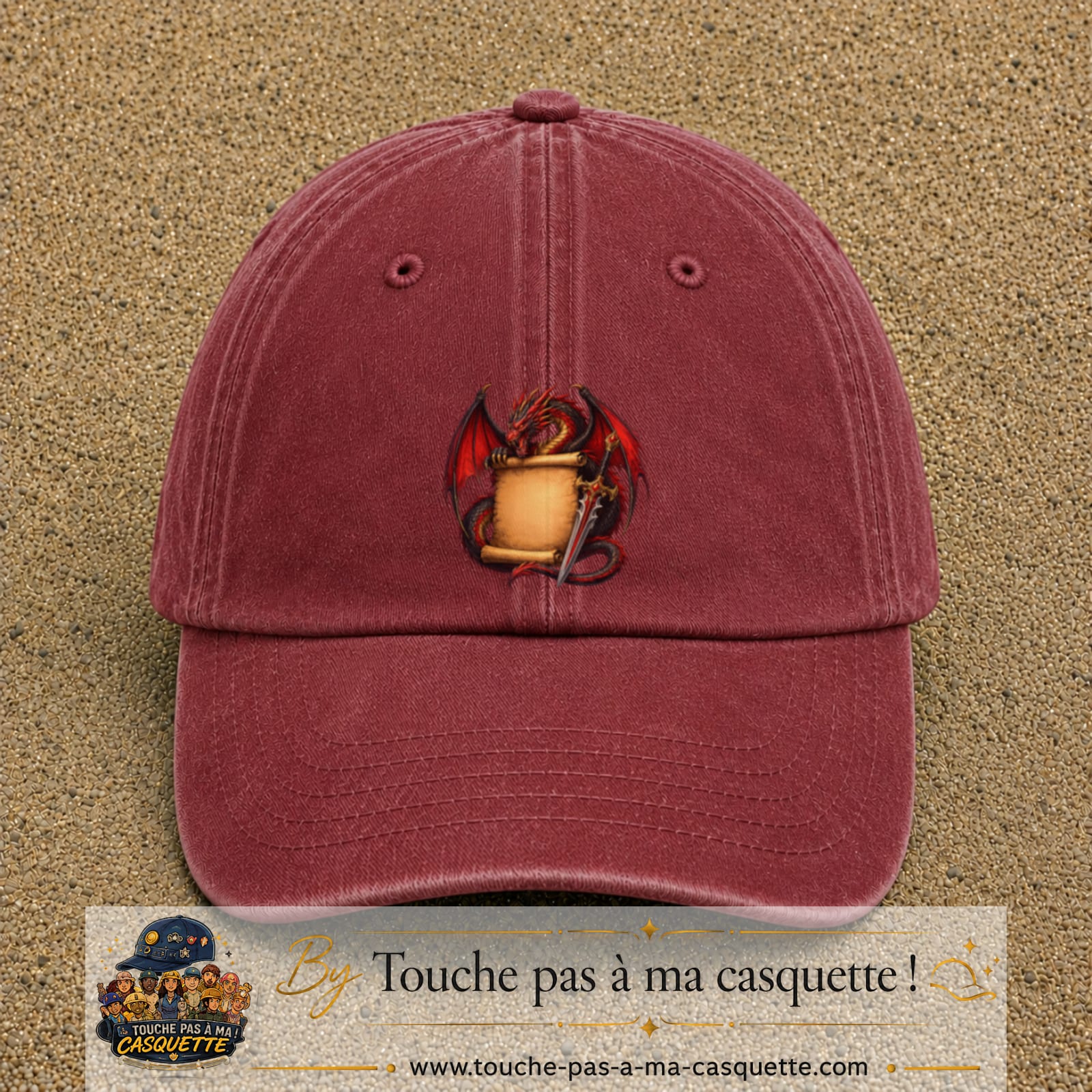 Casquette Rouge délavé - Bordeaux délavé motif Dragon parchemin logo 7 cm