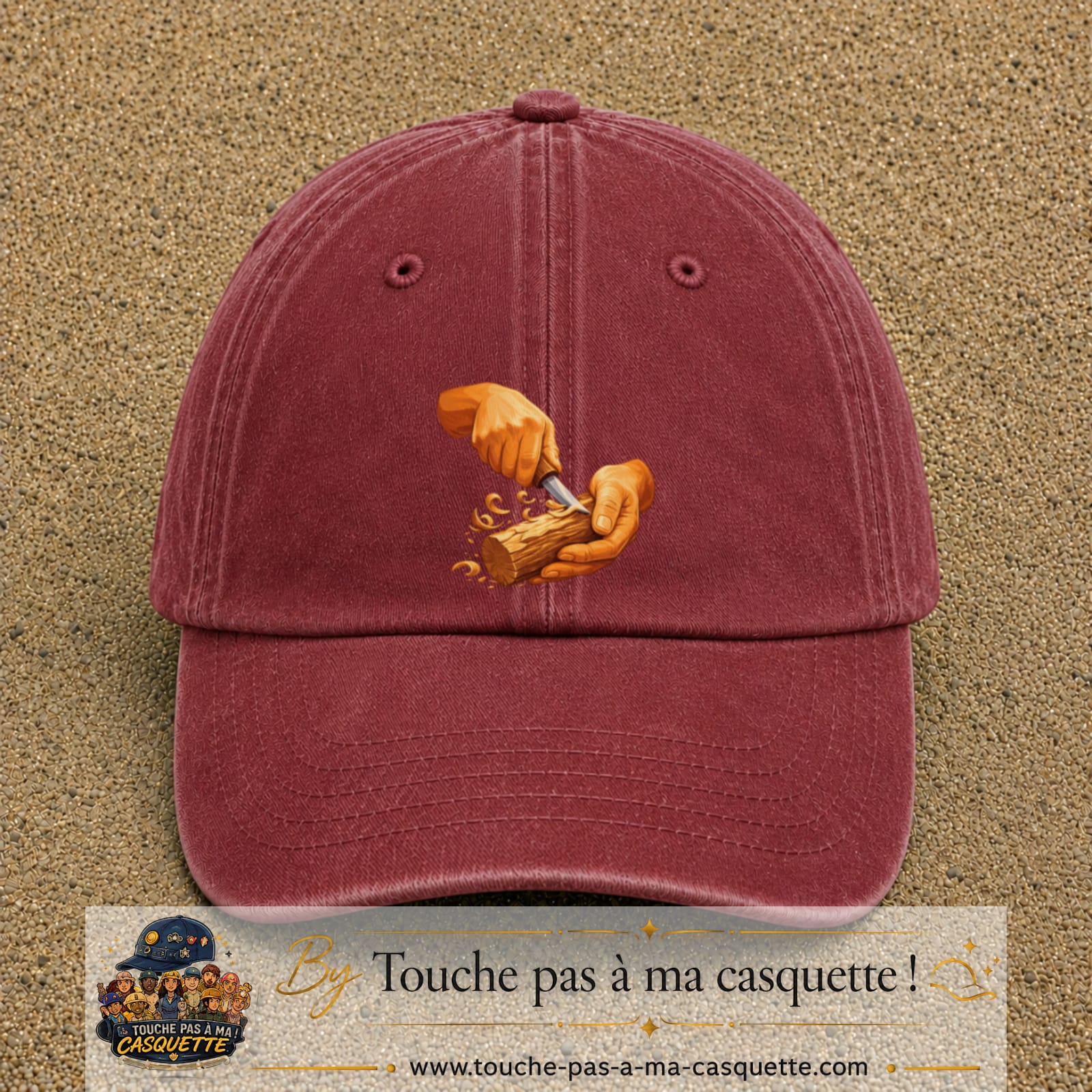 Casquette Rouge délavé - Bordeaux délavé motif Travail du bois logo 7 cm