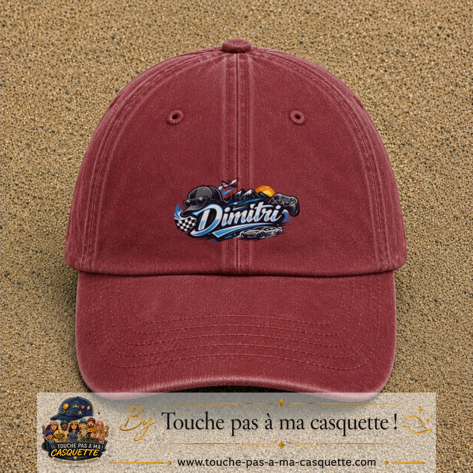 Casquette Rouge délavé - Bordeaux délavé avec motif Prénom Dimitri univers vitesse en 5 cm – vue principale