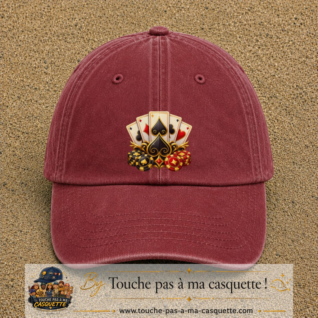 Casquette Rouge délavé - Bordeaux délavé motif Poker cartes et jetons logo 7 cm
