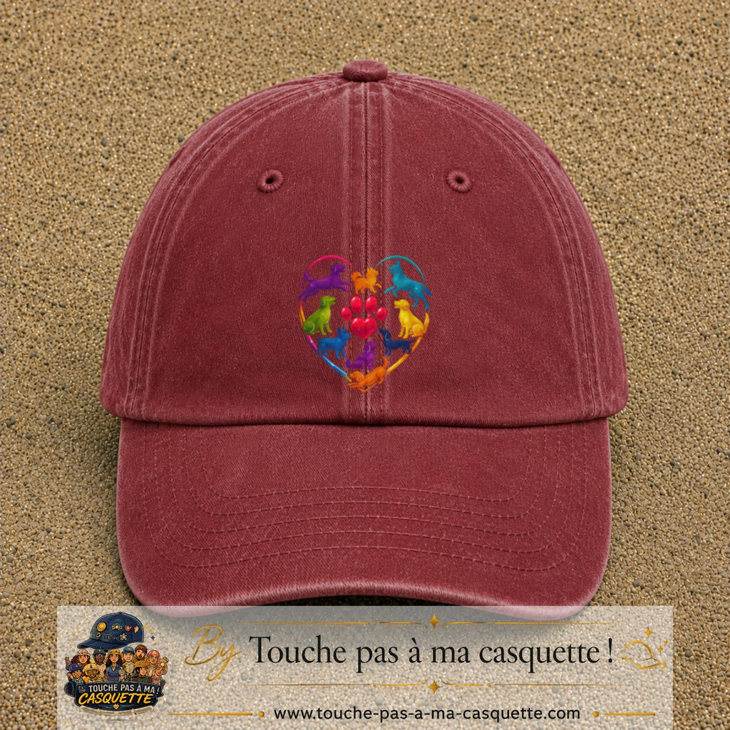 Casquette Rouge délavé - Bordeaux délavé motif Chats en cœur logo 7 cm