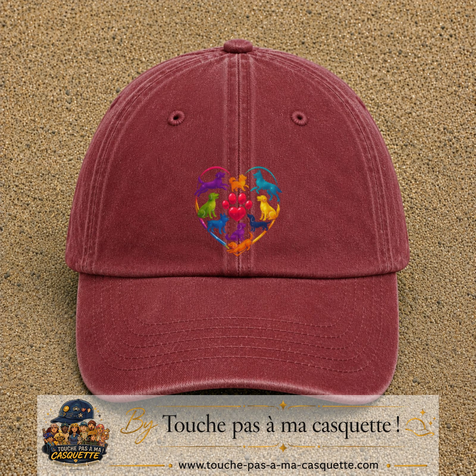 Casquette Rouge délavé - Bordeaux délavé motif Chats en cœur logo 7 cm