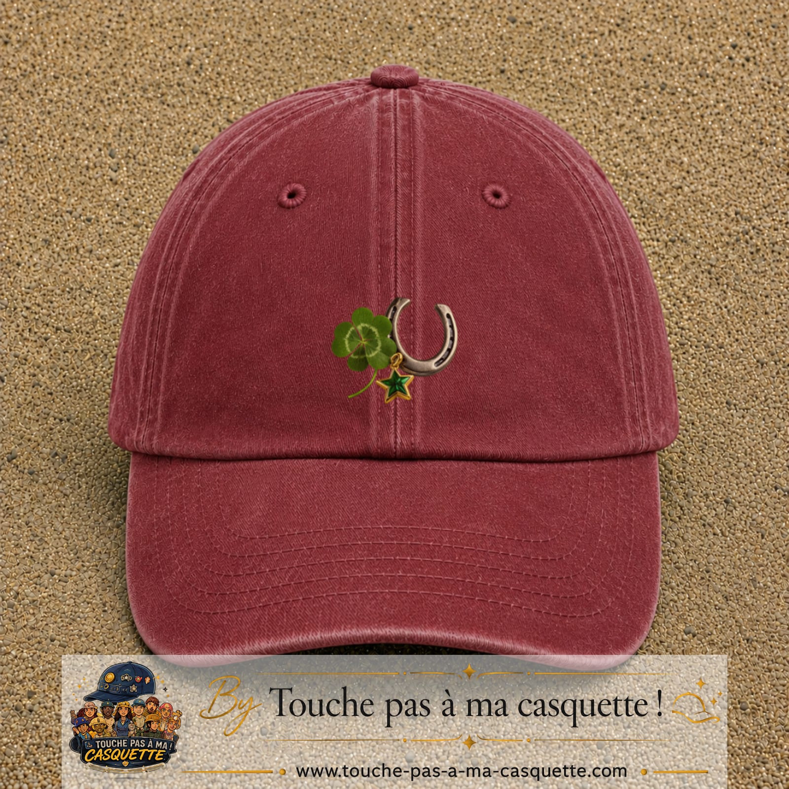 Image principale casquette Rouge délavé - Bordeaux délavé avec motif Trèfle et fer à cheval 5 cm