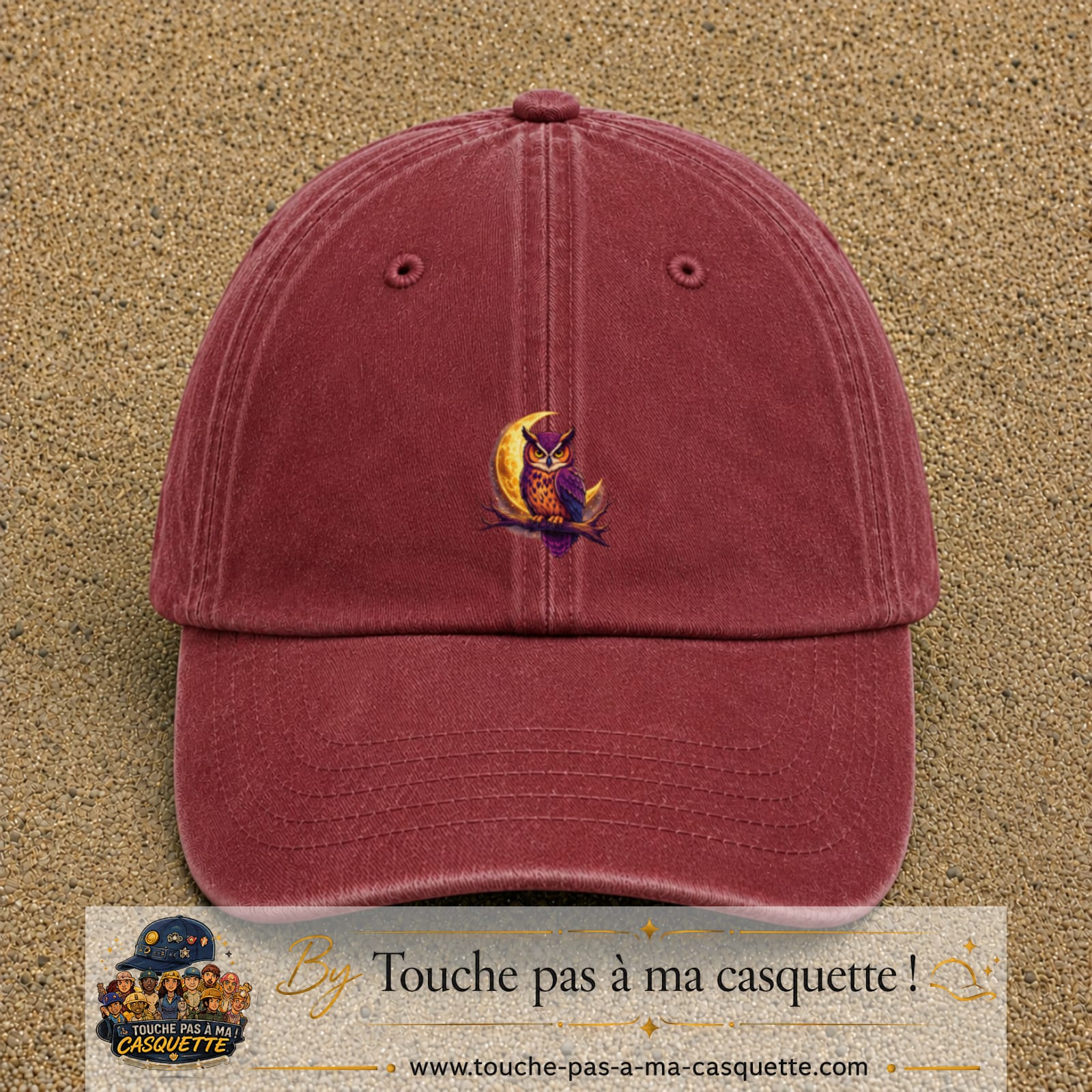 Casquette Rouge délavé - Bordeaux délavé motif Hibou lune logo 5 cm