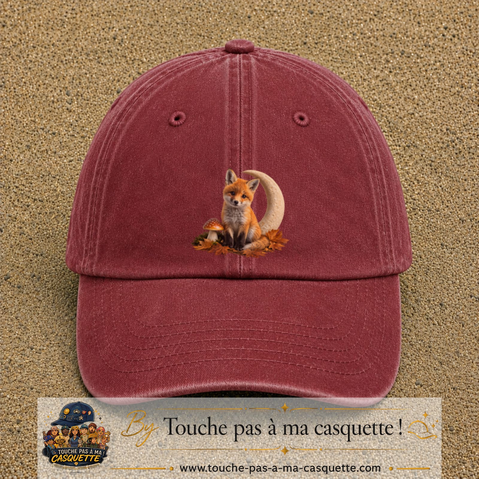 Image principale casquette Rouge délavé - Bordeaux délavé avec motif Renard de lune 7 cm